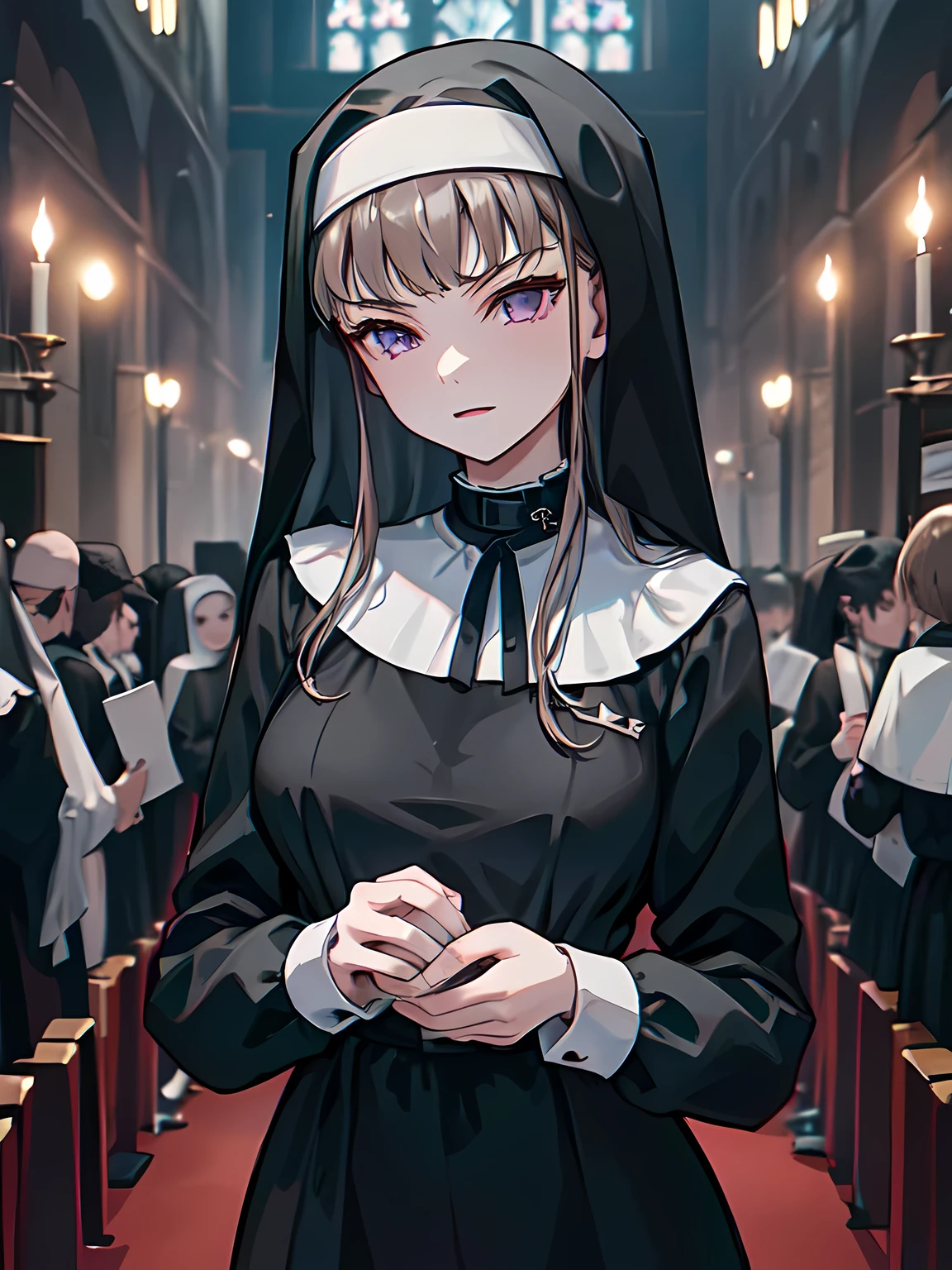 Def versia*, long sleeves, ((nun)), habit, nun, habit, dress, black dress, long dress, catholic , Thank You, short hair, braided hair, brown hair, violet eyes, Dark Church、Candlelight、Silence、Solemn atmosphere、Mysterious、Dim lighting、Shading Enhancement