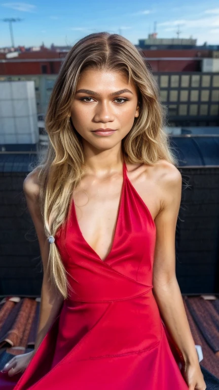 (zendaya:.4), (32k:1.5, Highest quality, masterpiece, Ultra-high resolution), Professional camera work:1.6, Highly detailed skin and face textures:1.3, Captivating portrait:1.2, Very accurate, Very detailed, 1 adult female, ((action pose:1.4)) Incredibly slim body, sense of loss, Sadness, Expressions of sadness,  Small face, ((long blond hair:1.3)), (medium shot), ((wearing long red dress:1.2)), ((on a top of the rooftop:1.5)), ((side boob)), ((smiling:0.9)),