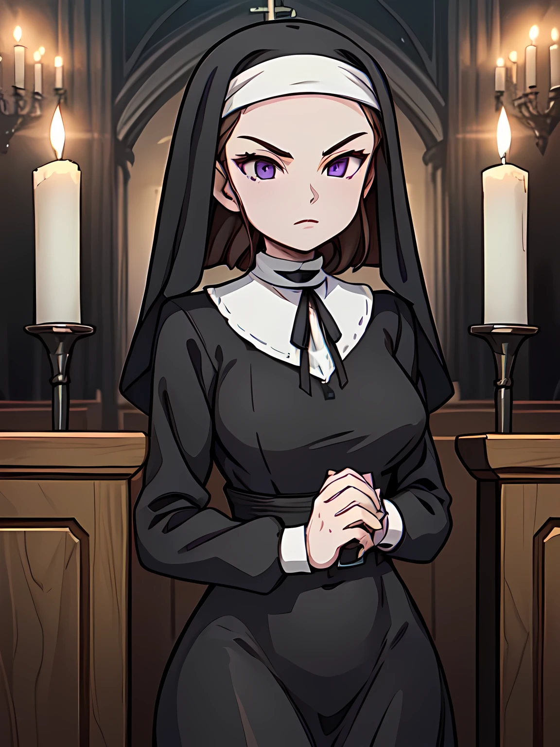 Def versia*, long sleeves, ((nun)), habit, nun, habit, dress, black dress, long dress, catholic , Thank You, short hair, braided hair, brown hair, violet eyes, Dark Church、Candlelight、Silence、Solemn atmosphere、Mysterious、Dim lighting、Shading Enhancement