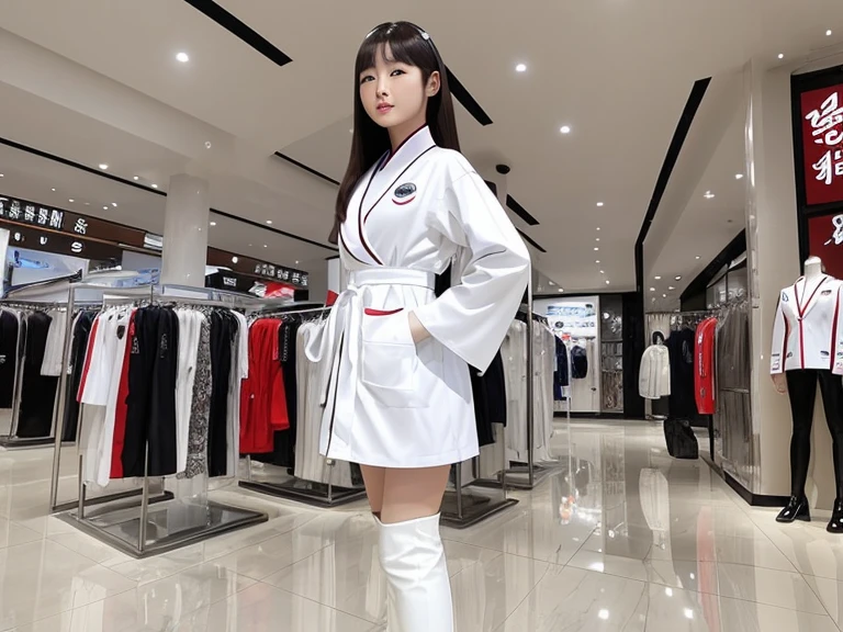  Full View Panoramic Full Lens Korean Girl Wearing White Printed Taiwanese Logo Tights ，Backpack White Long Robe ,  Two Hands Wearing Genuine Leather White Long Gloves Two Feet Wearing White Patent Leather Over the Knee Boots , Superheroine Typhoon Woman Standing in Taipei Center ，emit energy， Show Full Body Appearance Legs Cross Standing Middle Seam Full Standing Posture Take a Full Body Photo of Your Body