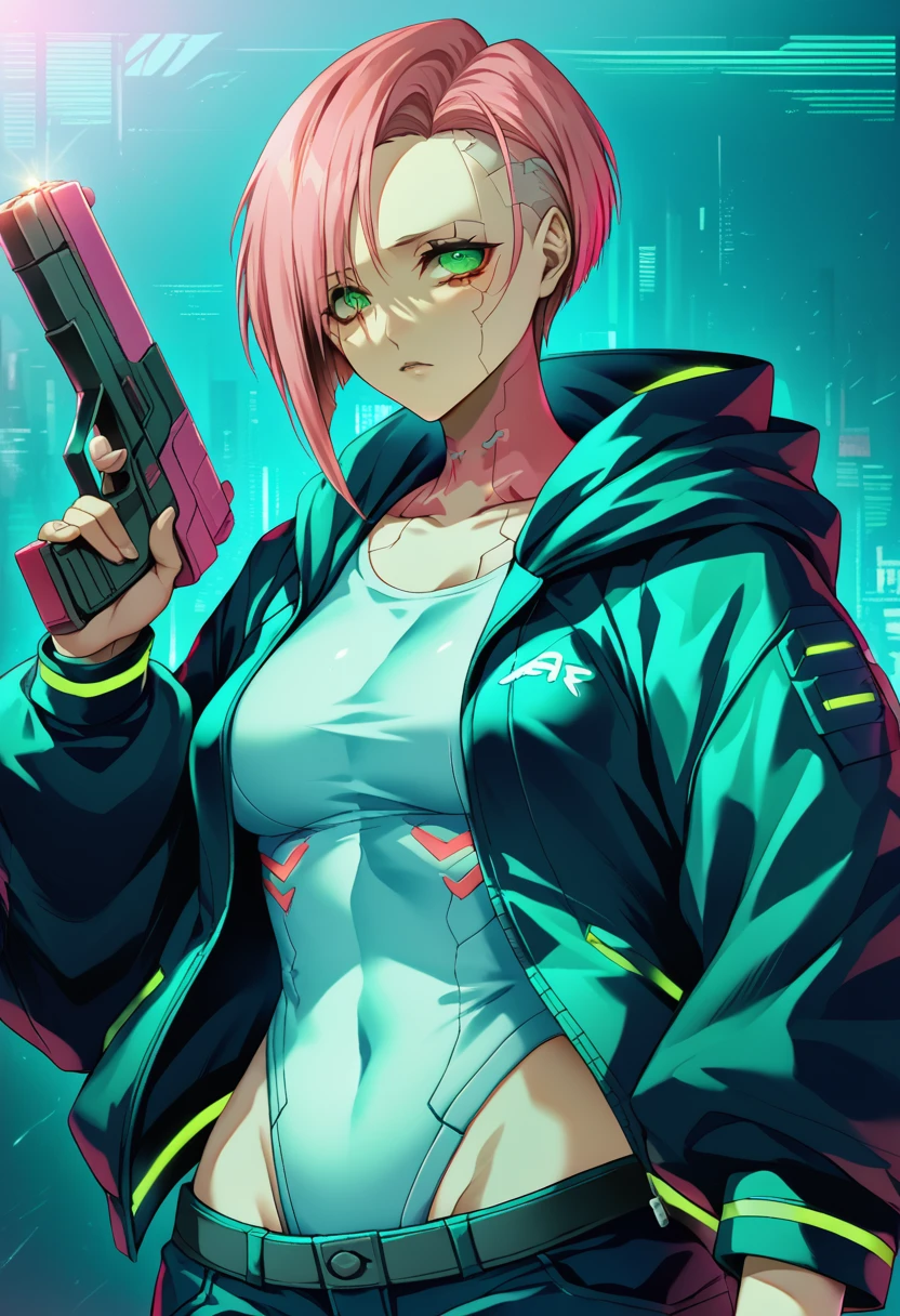 a woman with green eyes and a black jacket holding a gun, anime cyberpunk art, cyberpunk anime girl, best anime 4k konachan wallpaper, cyberpunk anime girl mech, female cyberpunk anime girl, cyberpunk anime art, anime style 4 k, digital cyberpunk anime art, cyberpunk anime girl in hoodie, anime wallpaper 4k, anime wallpaper 4 k, anime cyberpunk, skullzero loco letter