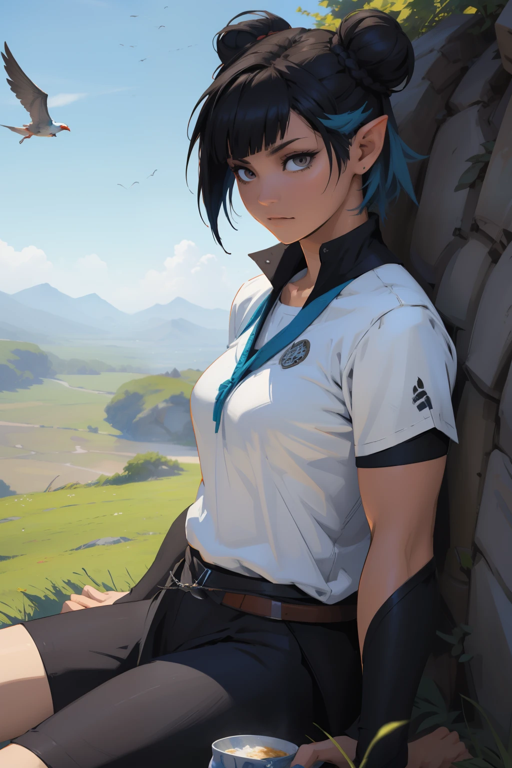 anime girl sitting on grass with bird flying in the air, artwork in the style of guweiz, makoto shinkai cyril rolando, guweiz, anime art wallpaper 8 k, anime art wallpaper 4k, anime art wallpaper 4 k, anime style 4 k, cyril rolando and goro fujita, anime wallpaper 4k, anime wallpaper 4 k short blue hair, with blue hair, blue short hair, short blue hair!!!, messy blue hair, halfbody headshot, blue hairs, blue hair, short blue haired woman, chloe price, sky blue highlights in hair, cyberpunk dyed haircut, flowing blue hair, brown hair with light blue ends, blue and black, LAUFEN, SHORT HAIR, DOUBLE BUN, BLUNT BANGS, Laofen, brown hair, double bun, brown eyes, hair_ornament