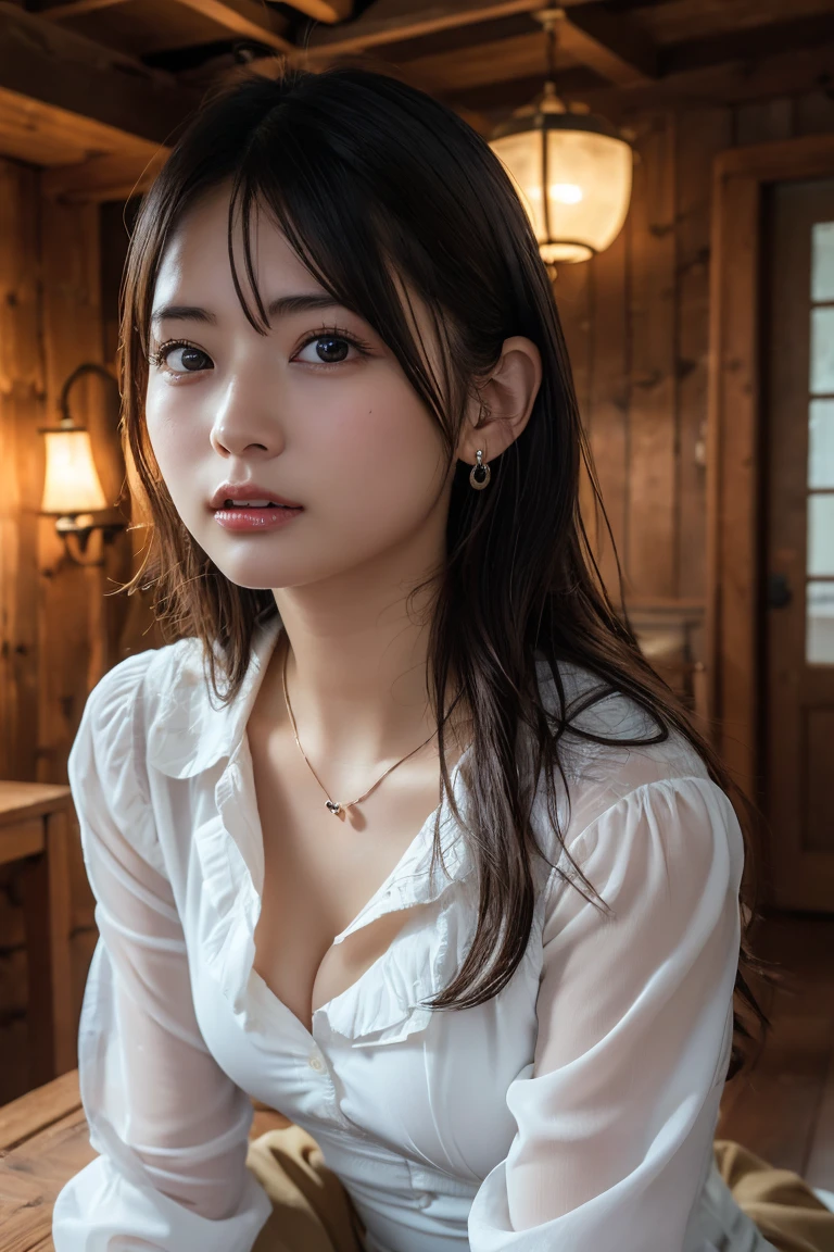 A young girl from Northern Europe, 21 years old, happy, cute face, pale skin, black hair, eyeliner, thin nose, wearing a neckline, wooden house porch, sitting on a wood chair