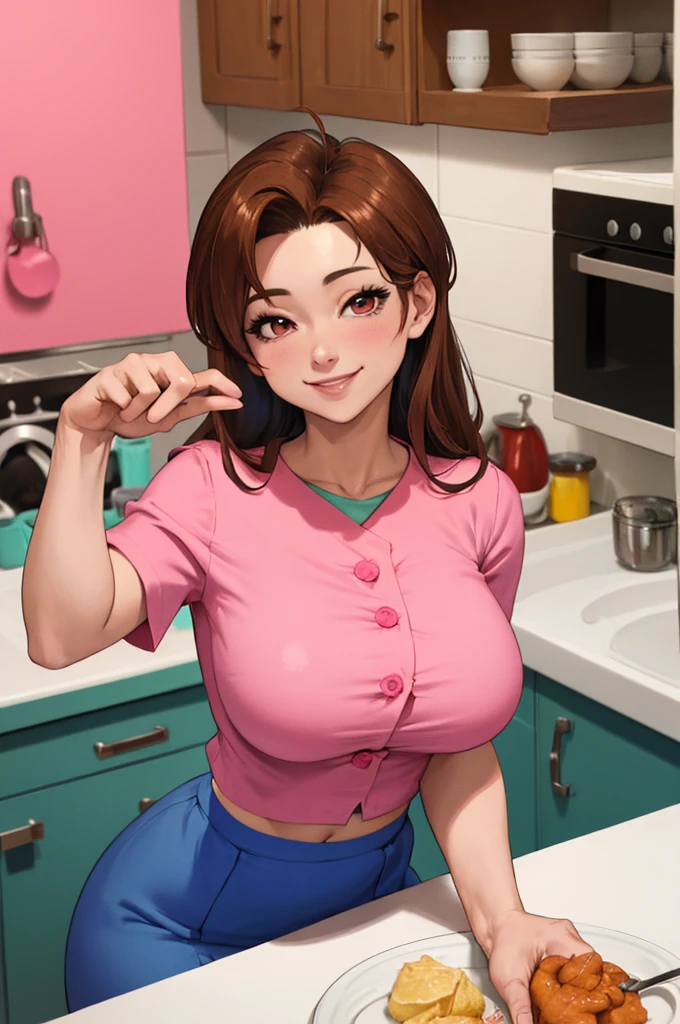  masterpiece , La mejor calidad, pkmndelia, collect,  Pink shirt , blue skirt,  big breasts , inside, kitchen,  looking at the spectator, smile, kitchenndo