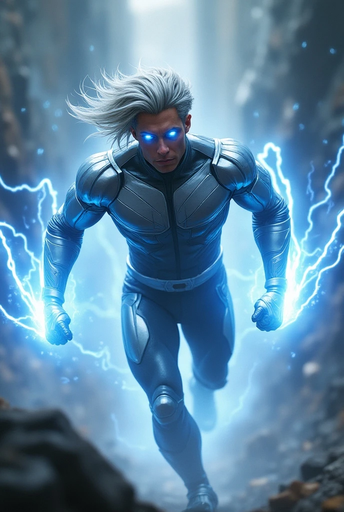a superhero quicksilver, superhuman speed, motion blur, dynamic pose, muscular build, shiny metallic costume, silver hair, glowing electric blue eyes, lightning bolt effects, action scene, cinematic lighting, highly detailed, 8k, photorealistic, concept art