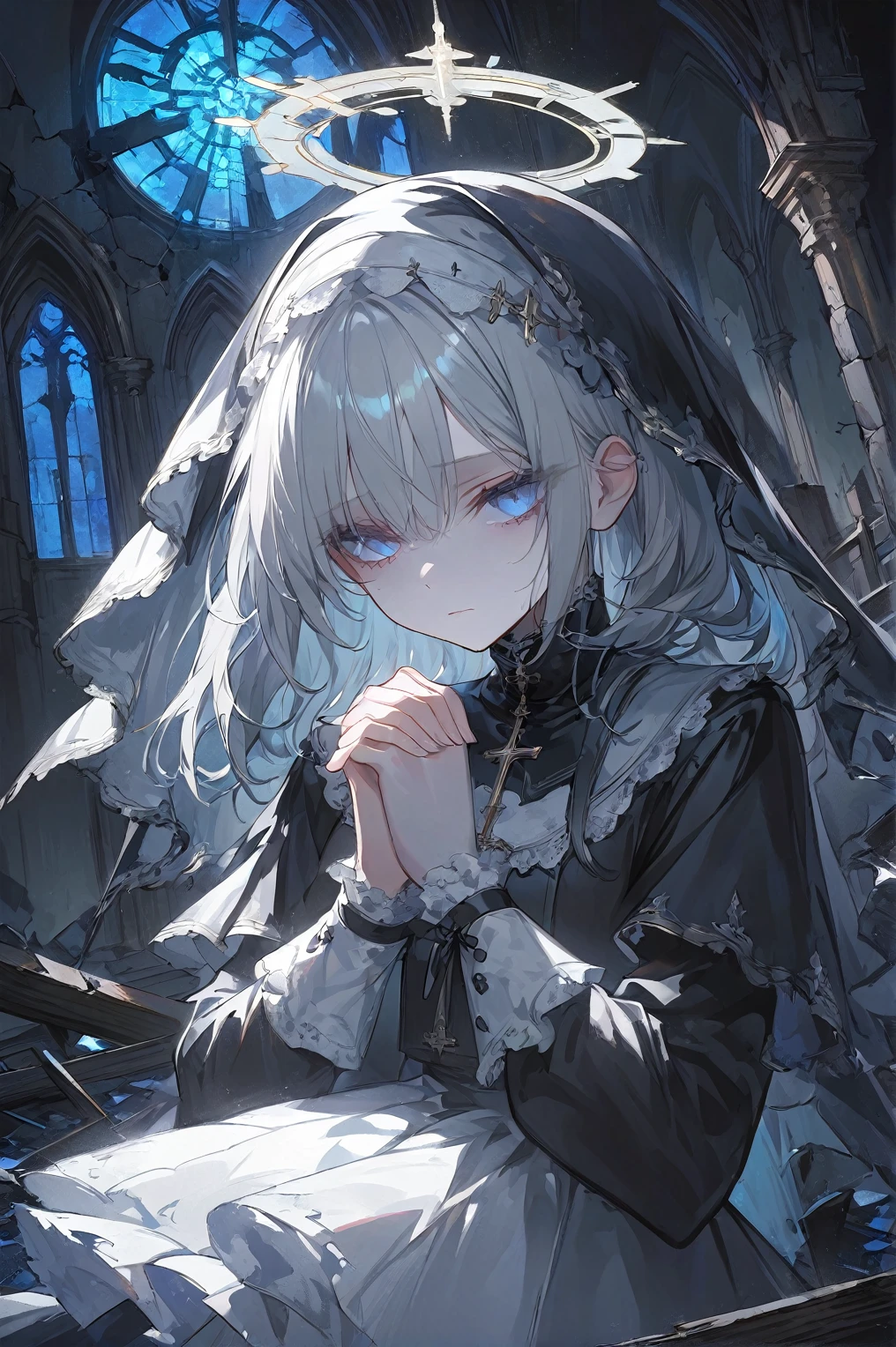 illustration, best quality, 1girl, silver hair, bright light blue eyes, wearing black nun outfit with veil, praying with hands clasped, solemn expression, halo effect above head, dark and eerie atmosphere, ruined church background, broken wooden pews scattered, shattered stained glass, cracked and crumbling walls, dim and shadowy lighting, eyes glowing softly, gothic and desolate mood, sense of abandonment and faith
