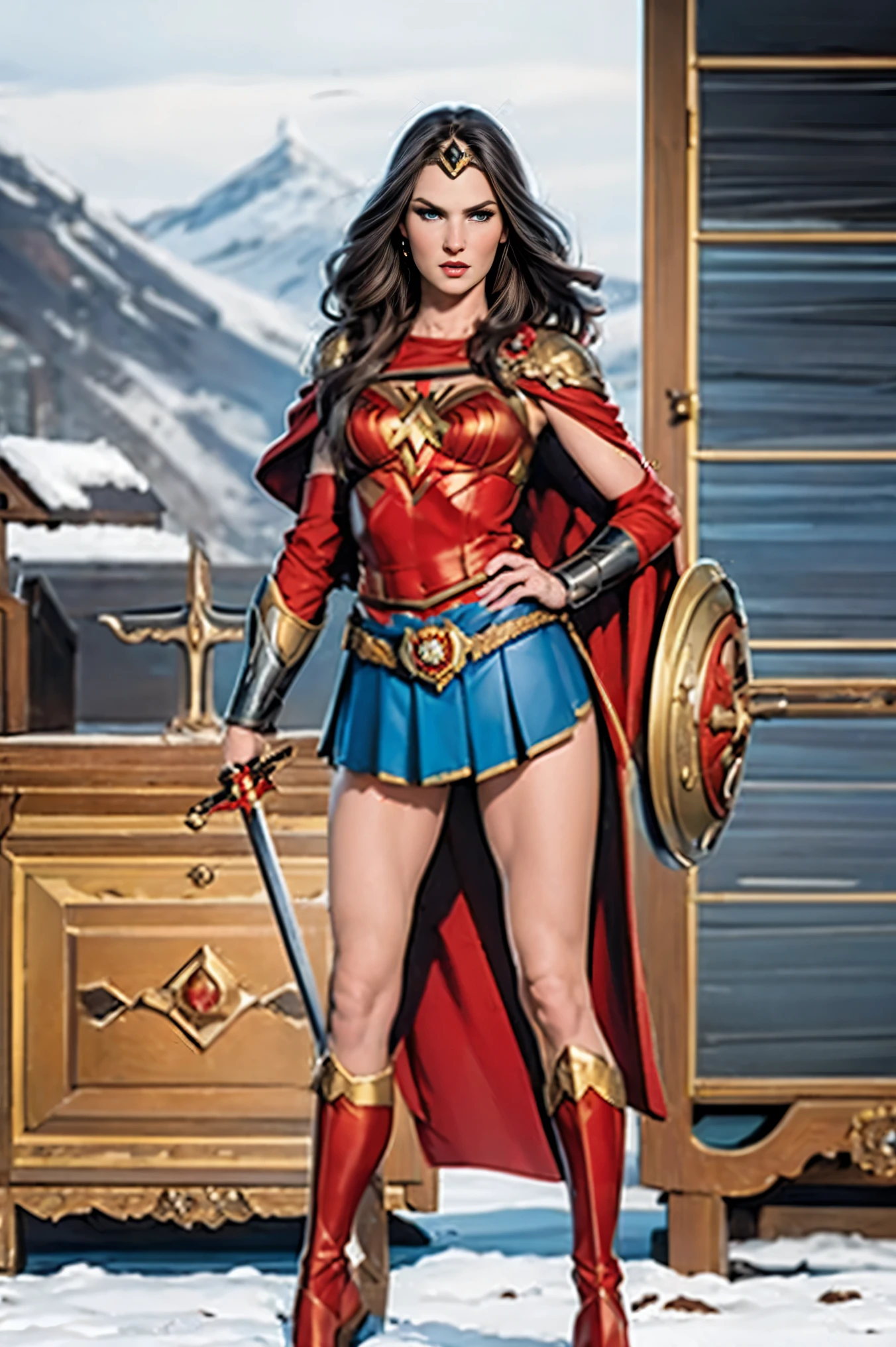 ((full body photo, standing)) masterpiece, best quality, 1girl, veronica, (((full body photo))) 1 girl, Wonder Woman, bracelet, black hair, blurred, armband, breathing, cape, cowboy shot, depth of field, restraint, gun restraint, lasso, looking at viewer , parted lips, pommel, realistic, reverse grip, shield, skirt, snow, neveing, alone, superhero, sword, tiara, toned, weapon, weapon behind back, ((work of art))
