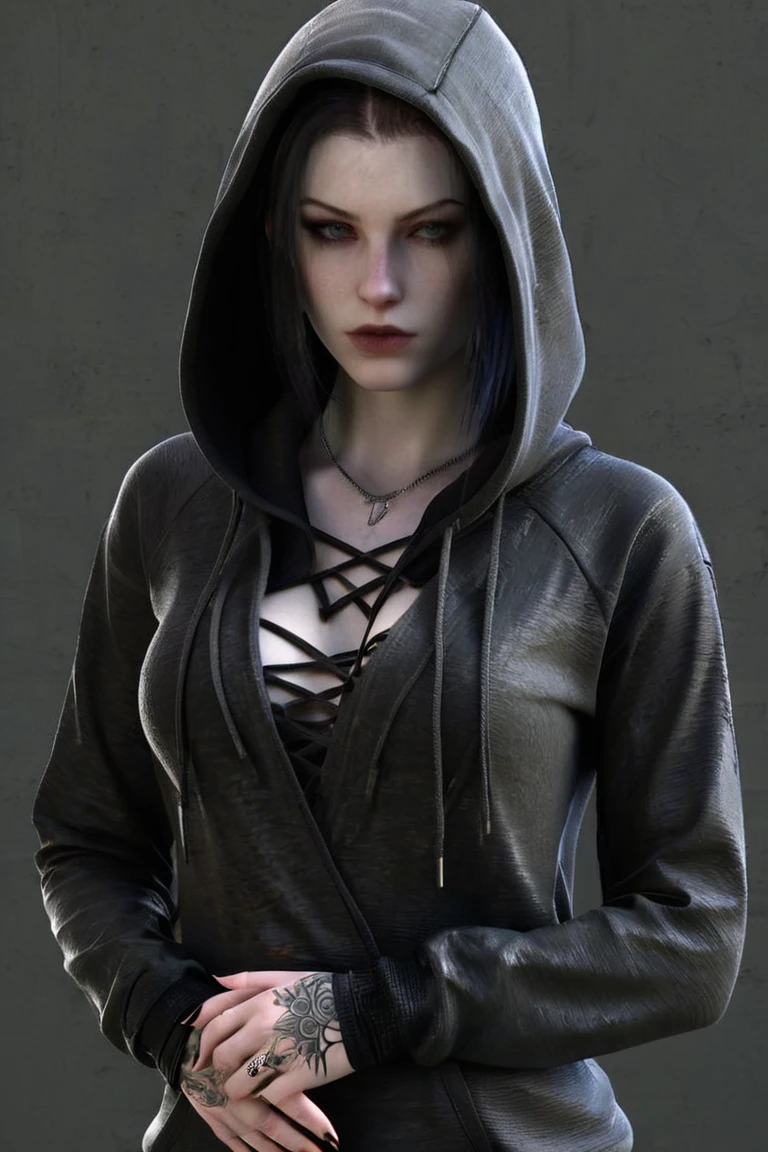 Close-up shot of a young woman standing confidently against a textured, pale wall, dressed in an oversized black hoodie with her arms crossed, gripping a large, sleek knife. Her posture is relaxed yet defiant, with her head tilted slightly back, eyes closed in calm self-assurance. The scene captures a soft, natural light that highlights her pale skin and contrasts with the dark tones of her hoodie. She wears strappy black lingerie on her lower half, revealing intricate tattoos along her thigh and torso. The vibe is edgy and raw, with a subdued, neutral color palette that emphasizes her fierce, rebellious aesthetic.