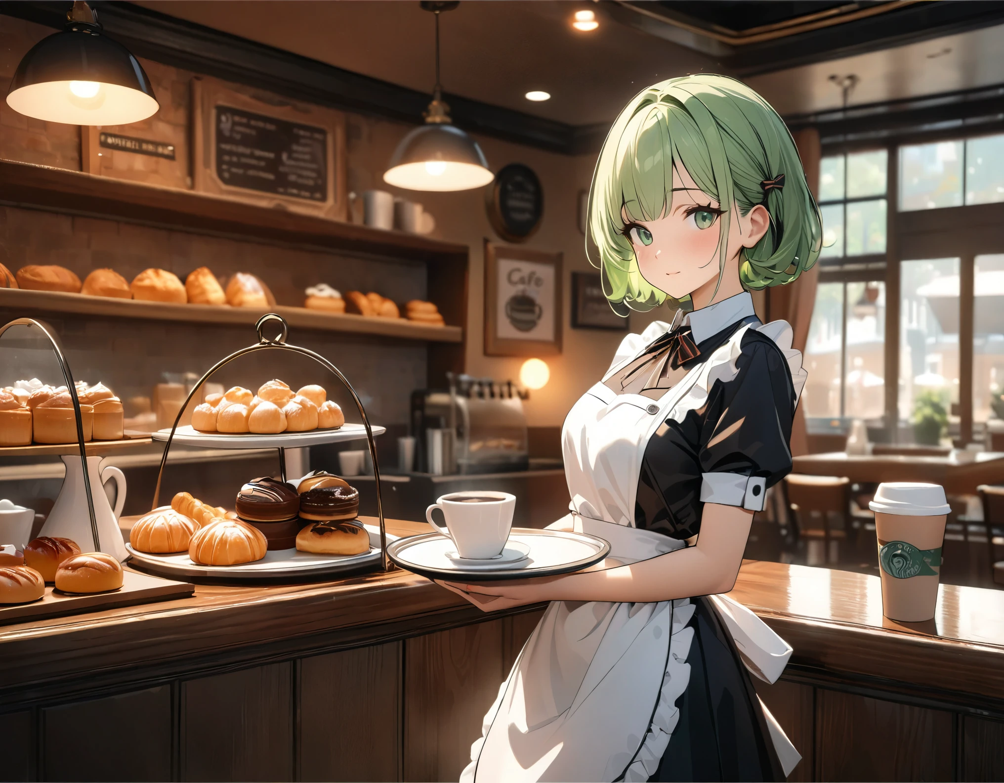 (((Best quality, 8k, Masterpiece: 1.3)), ((best quality)), ((masterpiece)), (detailed), perfect face, A young girl with short green hair wearing a small ribbon is working as a waitress in a cozy café. She is dressed in a classic waitress outfit with an apron and is carrying a tray with coffee and a pastry. The café has warm lighting, wooden tables, and a charming, vintage ambiance. The background includes coffee cups, pastries, and a welcoming counter area.