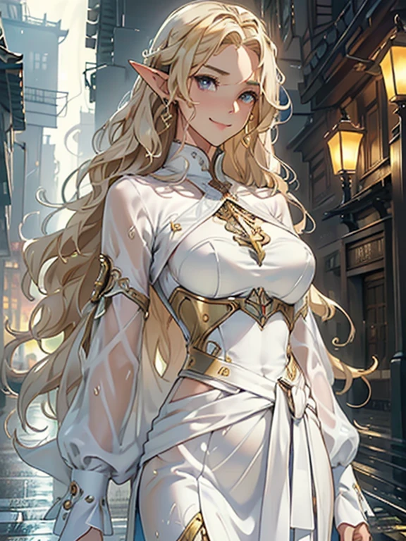 masterpiece, Best Quality,  Highly Detailed CG Unity 8k Wallpaper ,((night, サイバーパンク風歓楽街のnight景)), ((Standing on a street corner, Rise Statue)), (Long pointy ears), (Detailed and supretty-beautiful mysterious face ),  elegant wavy platinum blonde hair long to the waist , ((Self-illuminating skin)), (( handgun)), (skinny, Toned and slim body, Beautiful large breasts pointing upwards), (  sweated,  wet white skin  ), ( charming smile in a crowd), cute, , fine grain, Key Art, Awards,  intricate detail realism hdr  ,  Photorealism ,  hyperrealism, スーパーリアル ,  Dramatic Light  ,  Great views  ,