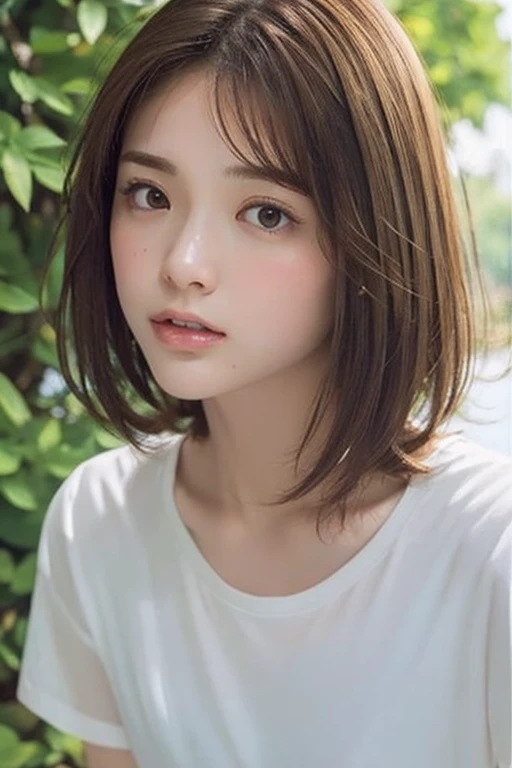 Asian, beautiful, thin, cute, 30th Generation, beautiful Face, beautiful Skin, actress, mature, Upper Body, Light brown hair, thin髪, Live Action, masterpiece, Highest quality, Highly detailed CG Unity 8K wallpaper, Ultra-high resolution, Casual Fashion, Lighting, Summer Fashion, (Natural brown hair: 0.8), (Puffy eyes), Watch the audience, turn around, Bleached Hair, Model pose, White Background, Delicate skin types, Light curly hair, Put your hands around your mouth, White T-shirt, Hair model photo