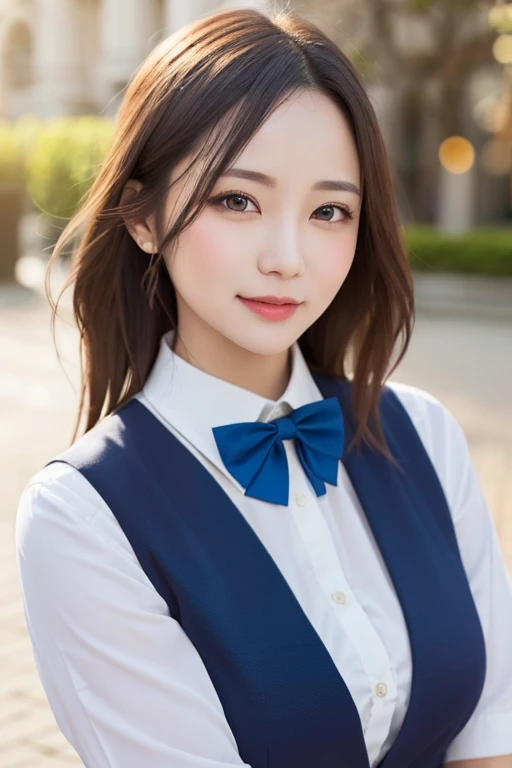highest quality, masterpiece,, One girl, alone, , White shirt, Black Skirt, Light Hair, Semi-long hair, Beautiful detailed girl, Highly detailed eyes and face, Beautiful fine details, shy, nature, Shine, View your viewers, Outdoor, loafers, Black Pantyhose, Blue bow tie, Straight hair, Purple petals, Purple and blue flowers, Red Eyes, ponytail, Blue Ribbon,Beautiful thighs, Large Breasts, Red eyes,