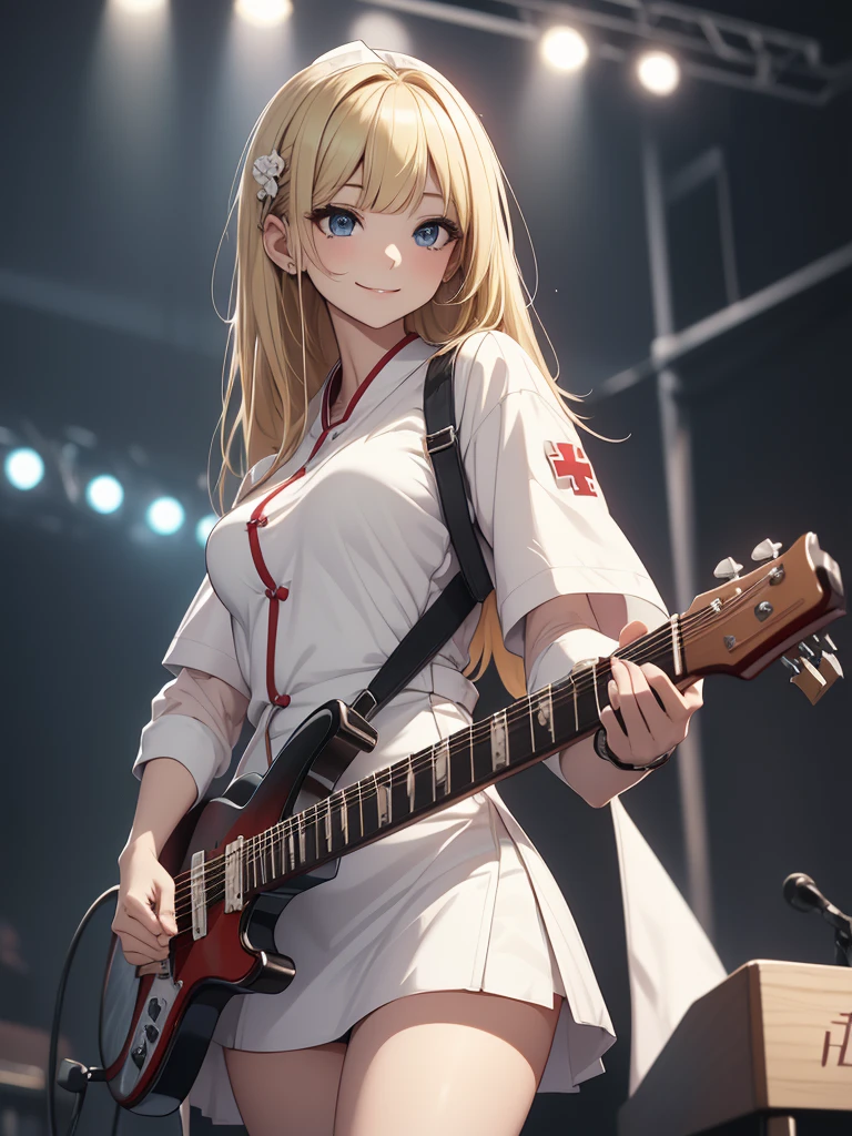 8k, Best Quality, The real picture,  intricate details , Very detailed,  ultra high resolution,  depth field , ( realistic, realistic),  table top to cover upper arms, (( Full Body Shot )), (((( standing and playing electric guitar)))), ((( 1 girl))), eye_Chan,  so beautiful, innocent big eyes, Beautiful breasts, 非常に詳細なeye, (Beautiful breasts), ((Blonde)), ( short semi long hair), ( asymmetrical bangs), Perfect Skin, Fair skin, Small breasts, Tight waist, Alone, ( staring at the viewer ), (smile), ((Nurse uniform)), (White micro mini tight skirt ), (Standing in the concert hall )