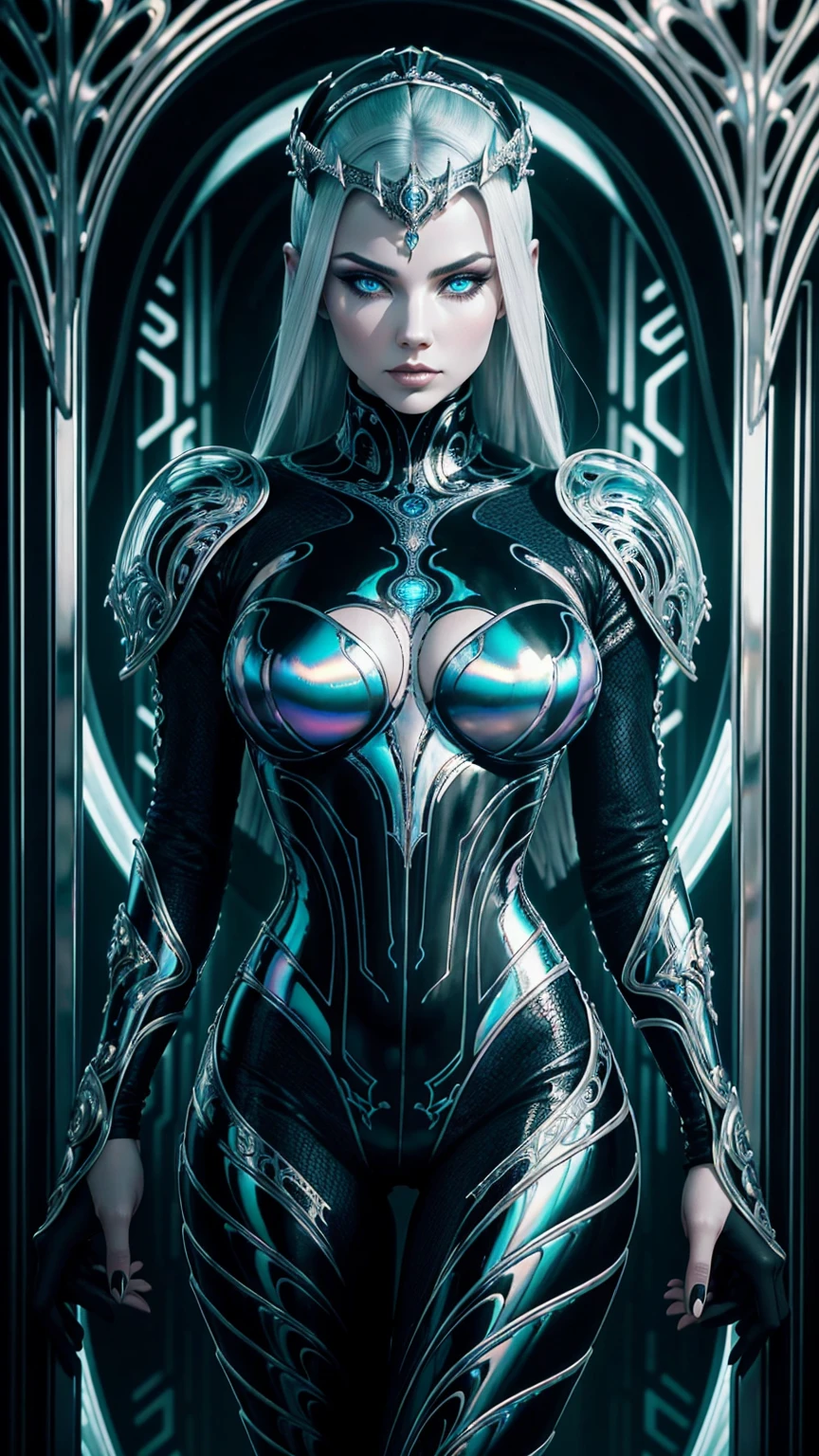 Strong contrast__hr_giger_art___flowing_contours__biomechaical__airbrush___strange__eerie__fashion_magazine_cover__art_deco_border___porcelain_and_platinum / A futuristic looking woman with porcelain skin / eleboratem intricate colourful iridescent chrome armour / face of beauty /