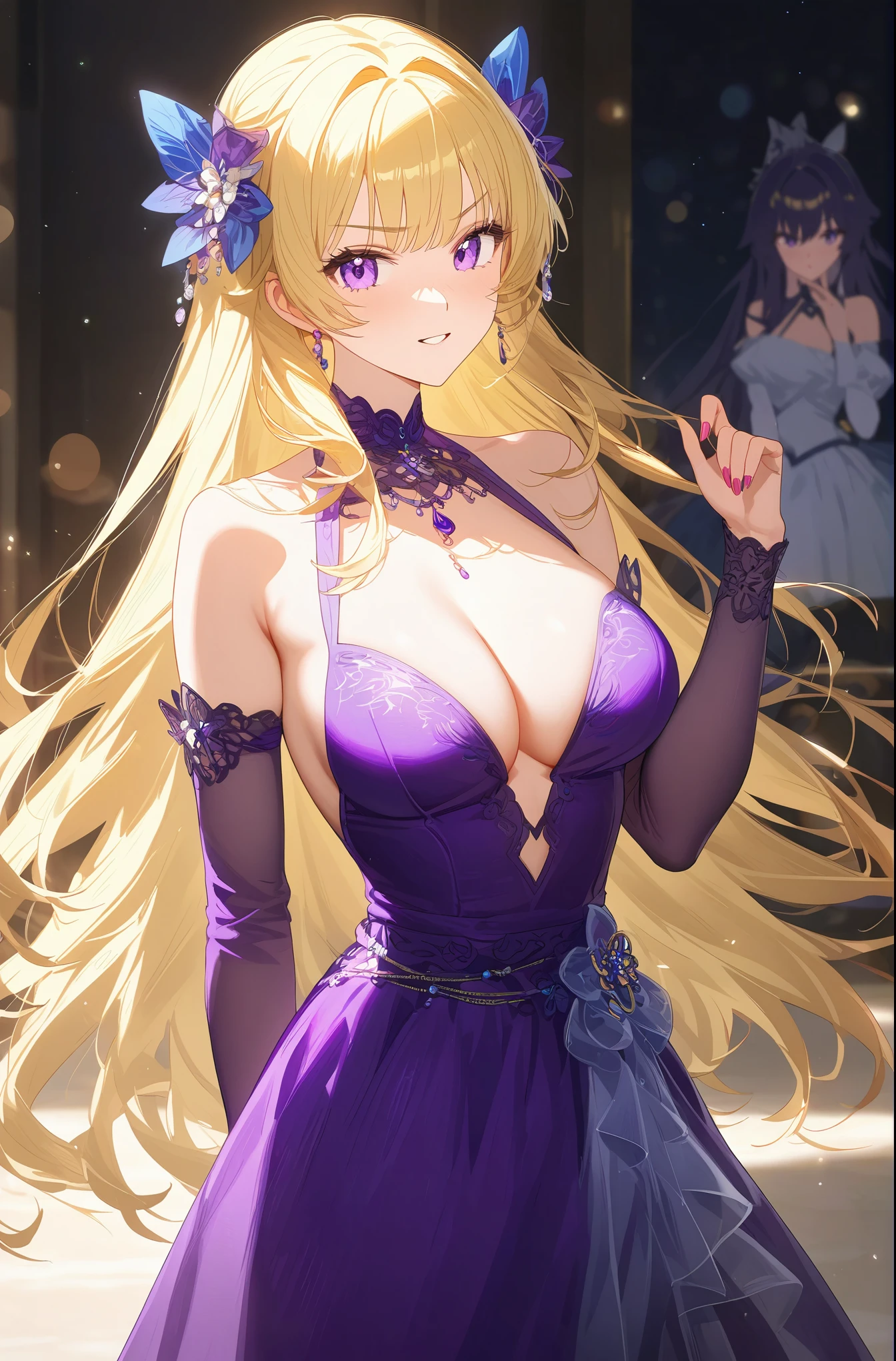 Angry woman in purple dress posing for photo,  attractive anime girl ,   pretty and attractive anime woman , Anime Goddess,  beautiful anime woman , Beautiful anime girl, Long hair blonde anime girl, 伊利亚·库夫希诺夫长发,  Smooth anime CG illustration ,  cute anime wife in beautiful dress, привлекательная девушка-аниме,  blonde goddess  