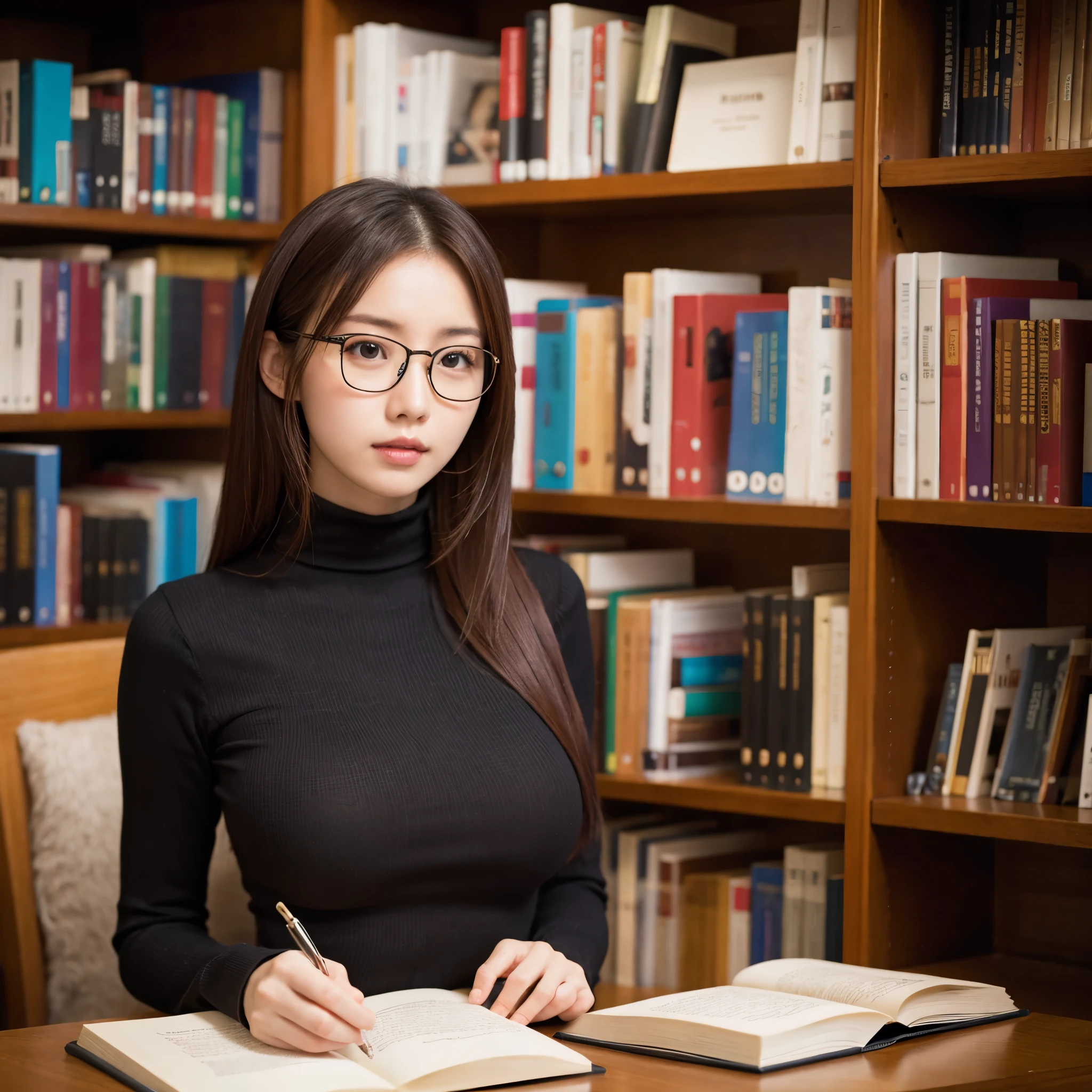 Surreal , photo shoot, Long Red Hair, girl, 24 years old, Hourglass Figure , PERFECT BODY , big chest, Sexy Looks, Highly Detailed Art Gum , Art Germ's style , for the camera, Lens 35mm, Blurred Background, At the library, librarian, Her hair tied up , Glasses, There is a laptop in front of her、 There is a small pile of books next to her , sitting behind a desk, Tight turtleneck