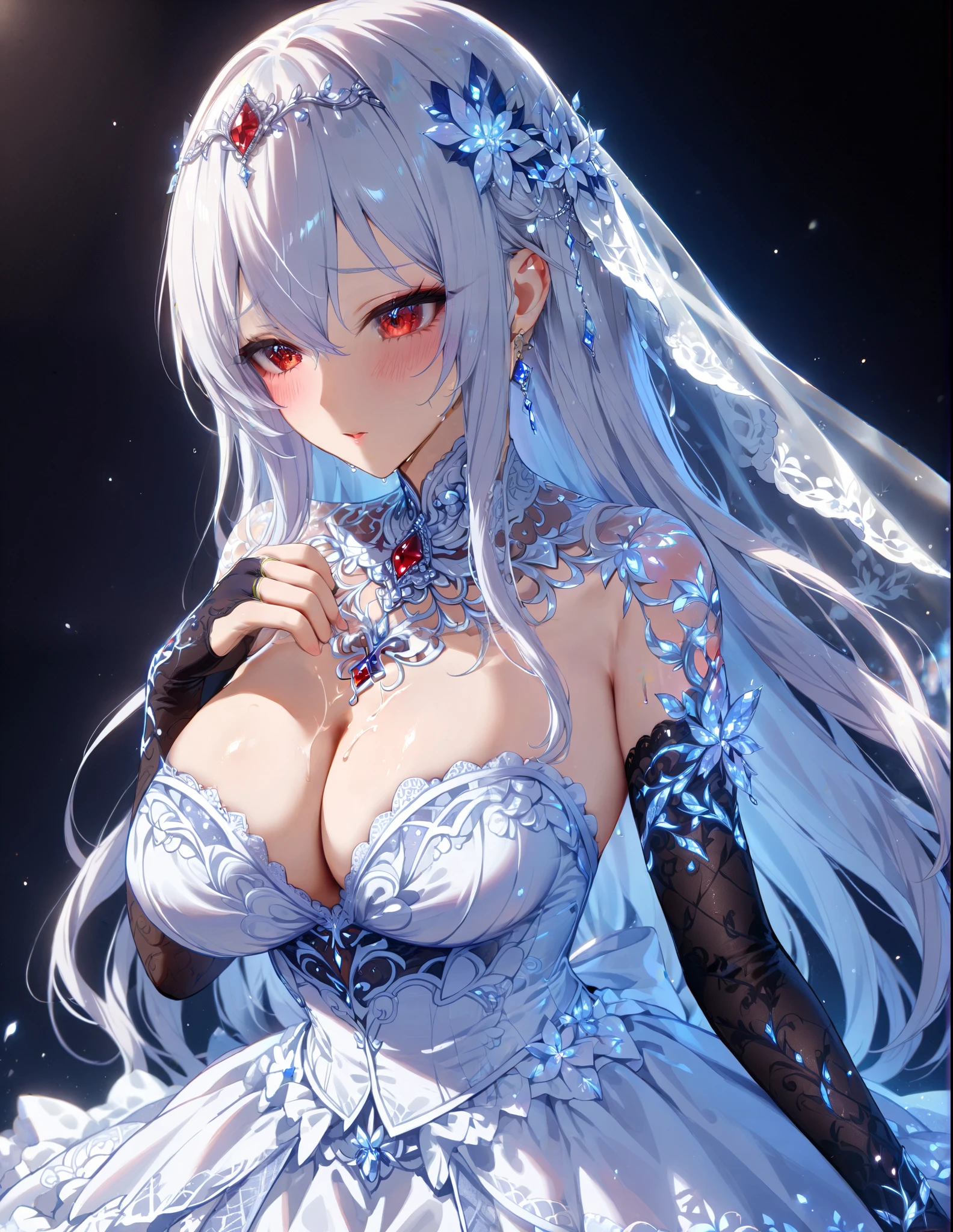 a beautiful detailed girl with extremely detailed eyes, long white hair, and a princess-like appearance, wearing a highly detailed and ornate white and red sheer layered long dress with complex embroidery, a bridal veil, circlet, bridal gauntlets, blushing, with a shy and back-arched pose, detailed frilly petticoat, and an elaborate corset, large chest, curvy beauty, floating, 8k, high resolution, masterpiece, extremely detailed, sexually suggestive