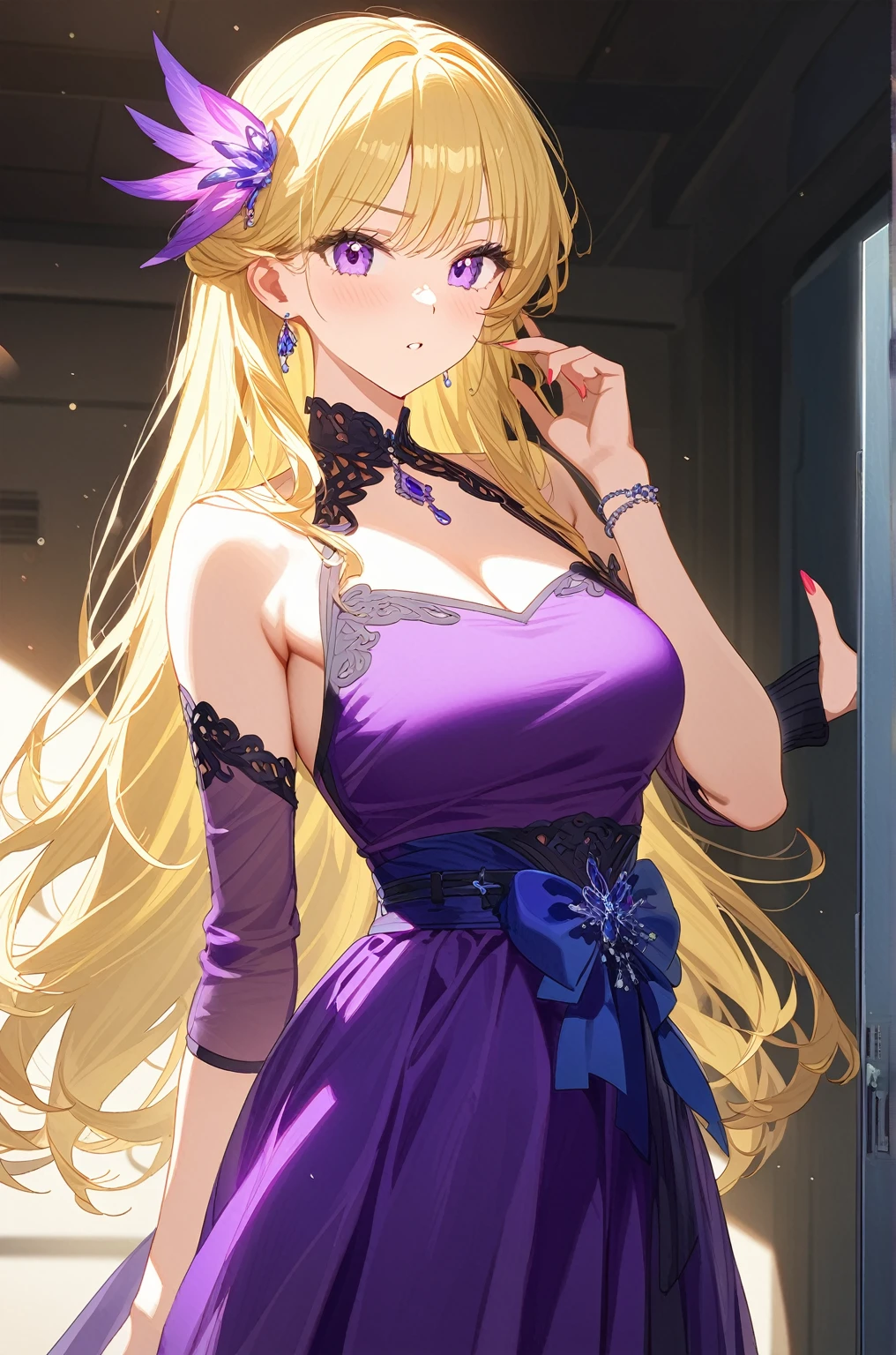 Angry woman in purple dress posing for photo,  attractive anime girl ,   pretty and attractive anime woman , Anime Goddess,  beautiful anime woman , Beautiful anime girl, Long hair blonde anime girl, 伊利亚·库夫希诺夫长发,  Smooth anime CG illustration ,  cute anime wife in beautiful dress, привлекательная девушка-аниме,  blonde goddess, black panties, curvy, from below, in locker room