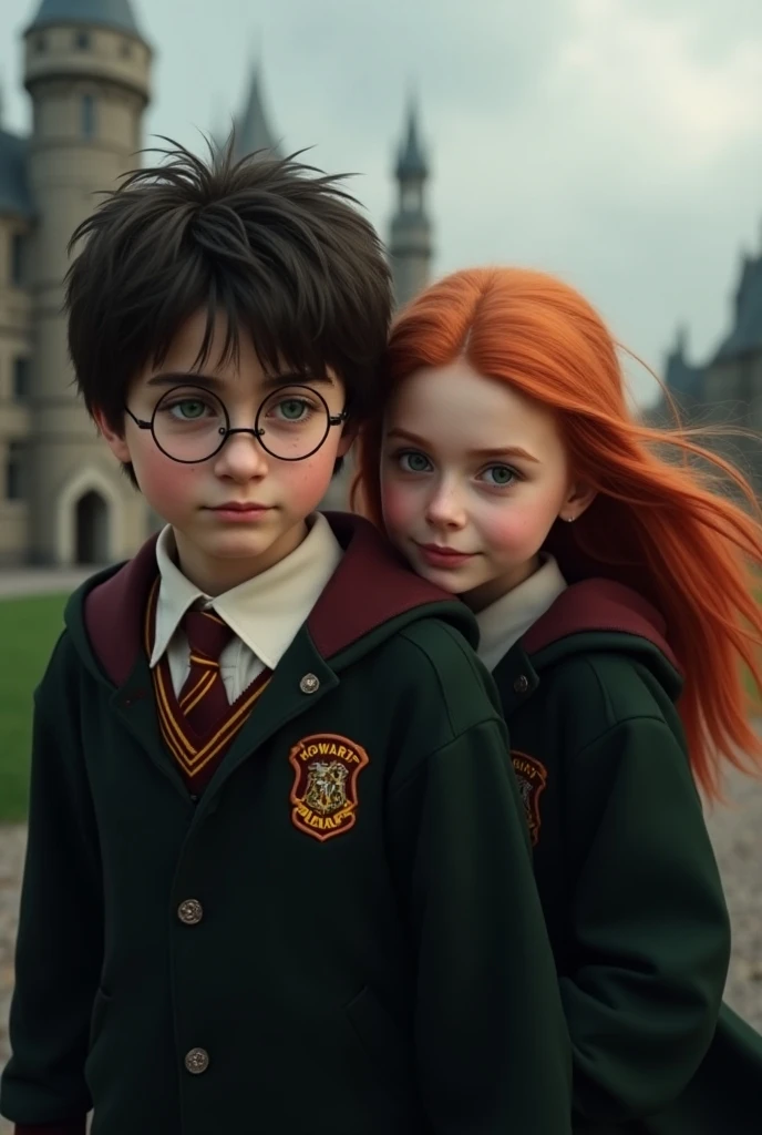 Realistic image of a blonde girl with the features of a young Tom Felton and a brown-haired boy with the features of Harry Potter, that the girl has a Slytherin uniform and the boy a Gryffindor uniform