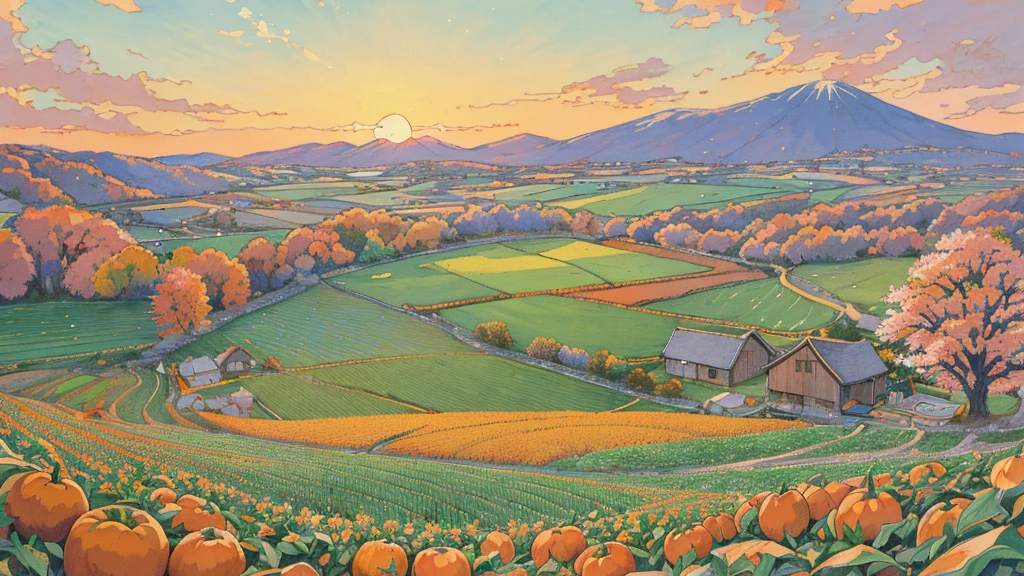 Anime-style illustrations in soft tones, calming pastel colors and gentle light, delicate and careful line drawings, soft and relaxing atmosphere
A serene autumn countryside scene in Japan, with a traditional wooden farmhouse surrounded by a bountiful vegetable field instead of rice paddies. The field is filled with harvested pumpkins, sweet potatoes, cabbages, and chestnuts, with persimmons hanging to dry under the eaves. Nearby, a small tractor rests by the field, and a dirt path lined with cosmos flowers and red maple trees adds vibrant colors. The sky is clear, with a warm sunset glow creating a peaceful, nostalgic autumn atmosphere."
