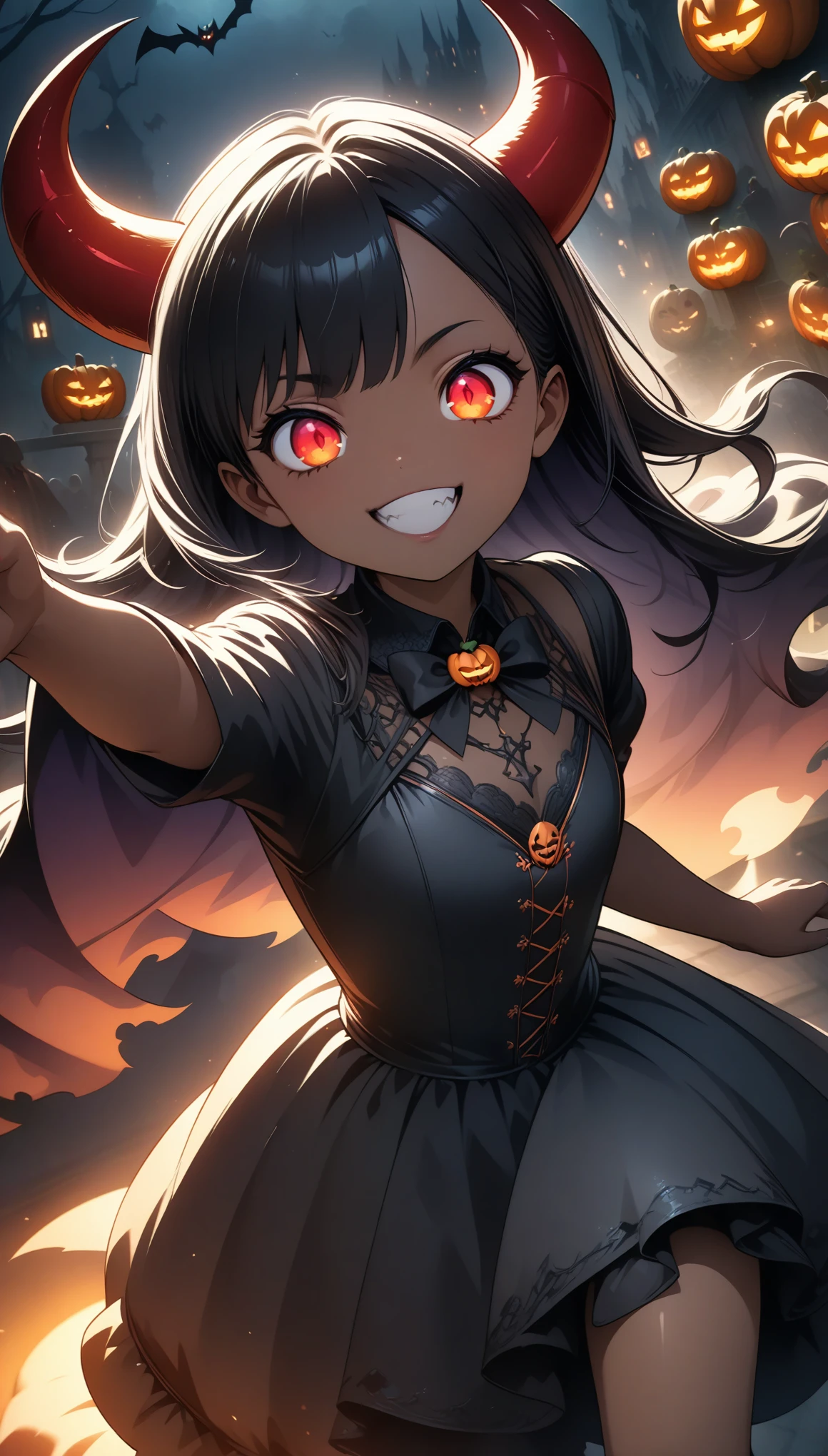 Hzk, Cute devil girl, horn, Dark Skin,  Halloween Party, Detailed face,  beautiful eyes, Detailed lips,  long eyelashes , Detailed faceの特徴, Elegant black dress, Glowing red eyes,  is laughing, fun, Gothic, dark fantasy,  Dramatic Lighting ,  Moody Atmosphere ,  bright color,  DYNAMIC POSE ,  (Best Quality:1.2,  very detailed,  ultra high resolution,  anime style,  Detailed CG Illustrations , masterpiece:1.2),  Intricate Details, Chiaroscuro,  soft focus .