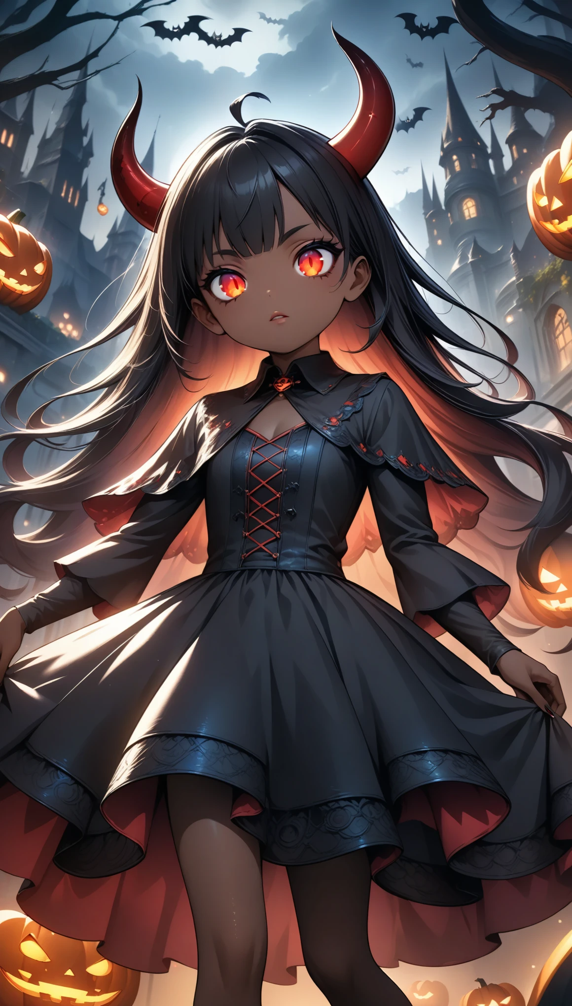 Hzk, Cute devil girl, horn, Dark Skin,  Halloween Party, Detailed face,  beautiful eyes, Detailed lips,  long eyelashes , Detailed faceの特徴, Elegant black dress, Glowing red eyes, Gothic, dark fantasy,  Dramatic Lighting ,  Moody Atmosphere ,  bright color,  DYNAMIC POSE ,  (Best Quality:1.2,  very detailed,  ultra high resolution,  anime style,  Detailed CG Illustrations , masterpiece:1.2),  Intricate Details, Chiaroscuro,  soft focus .