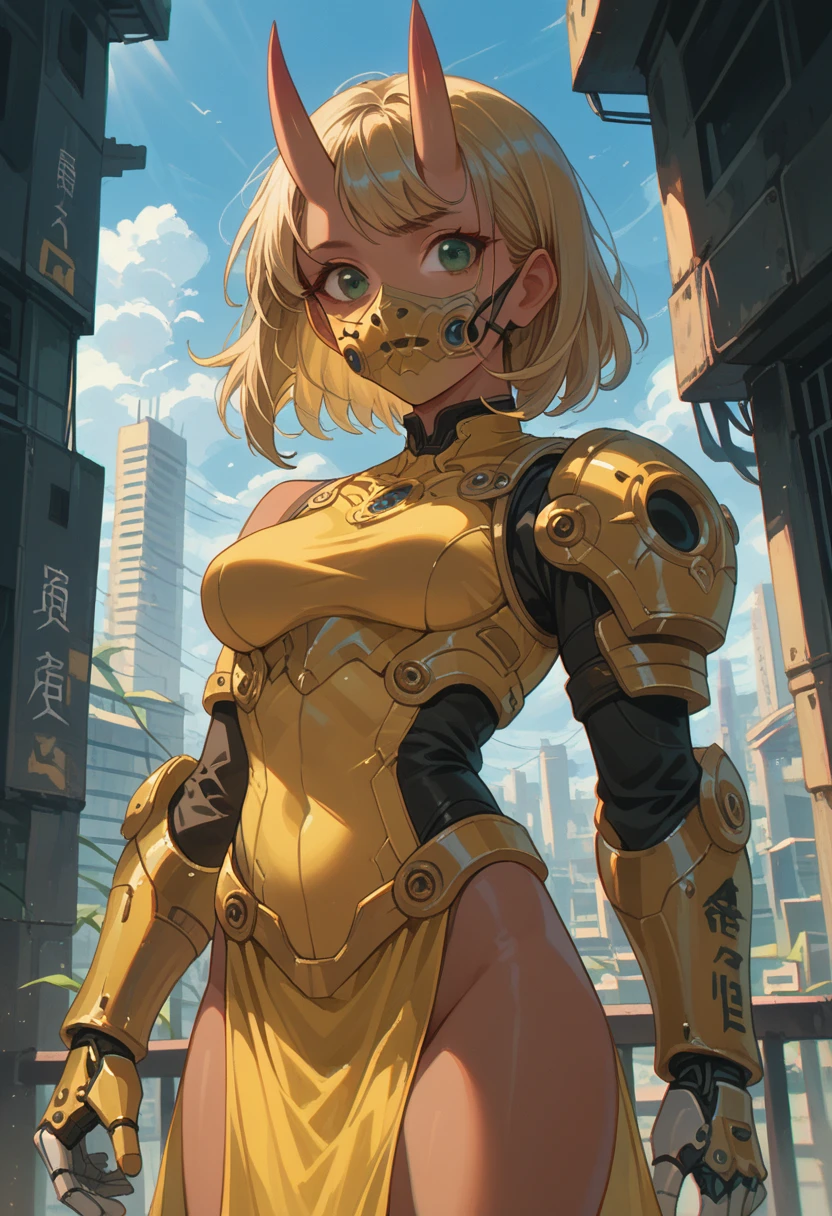 blonde hair, medium hair, green eyes, swept bangs, medium breasts, (((dark skin))), yellow bodysuit, yellow armor, spiky pauldron, arm braces, vambraces, ((white robotic boobplate)) white pelvic curtain, futuristic city, sunlight, oni mask