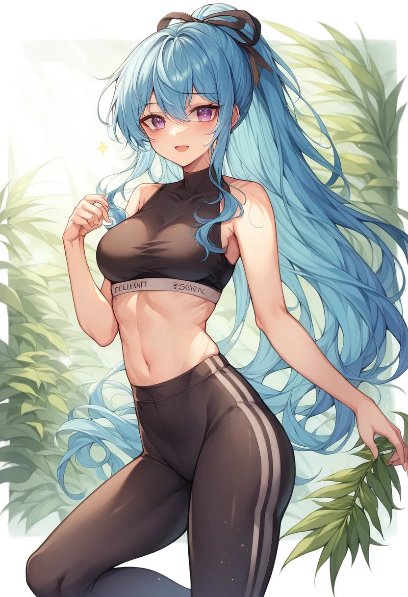 Alone,Blue Hair、anime girl, semi-long、 ponytail、ribbon、Cute face、stand、 raise one leg and hold it with your hand、 sportswear、Smaller breasts、 sports bra 、Black spats、leggings、Slender figure、Best Quality、High image quality、masterpiece、 high resolution、shadow, featuring a cheerful girl with flowing blue hair and large, sparkling purple eyes. ,black lace and golden star accents. The setting is illuminated by warm sunlight, casting gentle reflections on the water’s surface. Background elements include lush greenery and a modern, elegant pool area, creating a serene and inviting atmosphere. The overall aesthetic is anime-inspired, with bright, saturated colors and smooth, clean lines, evoking a sense of joy and summer leisure.