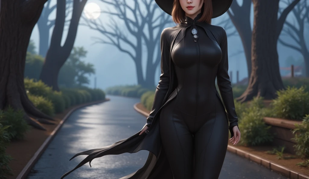 Naomi, a young teenager woman in a witch costume with a black coat, stylish halloween costume beneath,  and tall pointed hat, is walking down a narrow path lined with trees. Her long coat flows as she walks, and she has a slight, mysterious smile on her face. The path is lit by moonlight filtering through branches. Camera angle: side profile, medium shot, 3d sims style