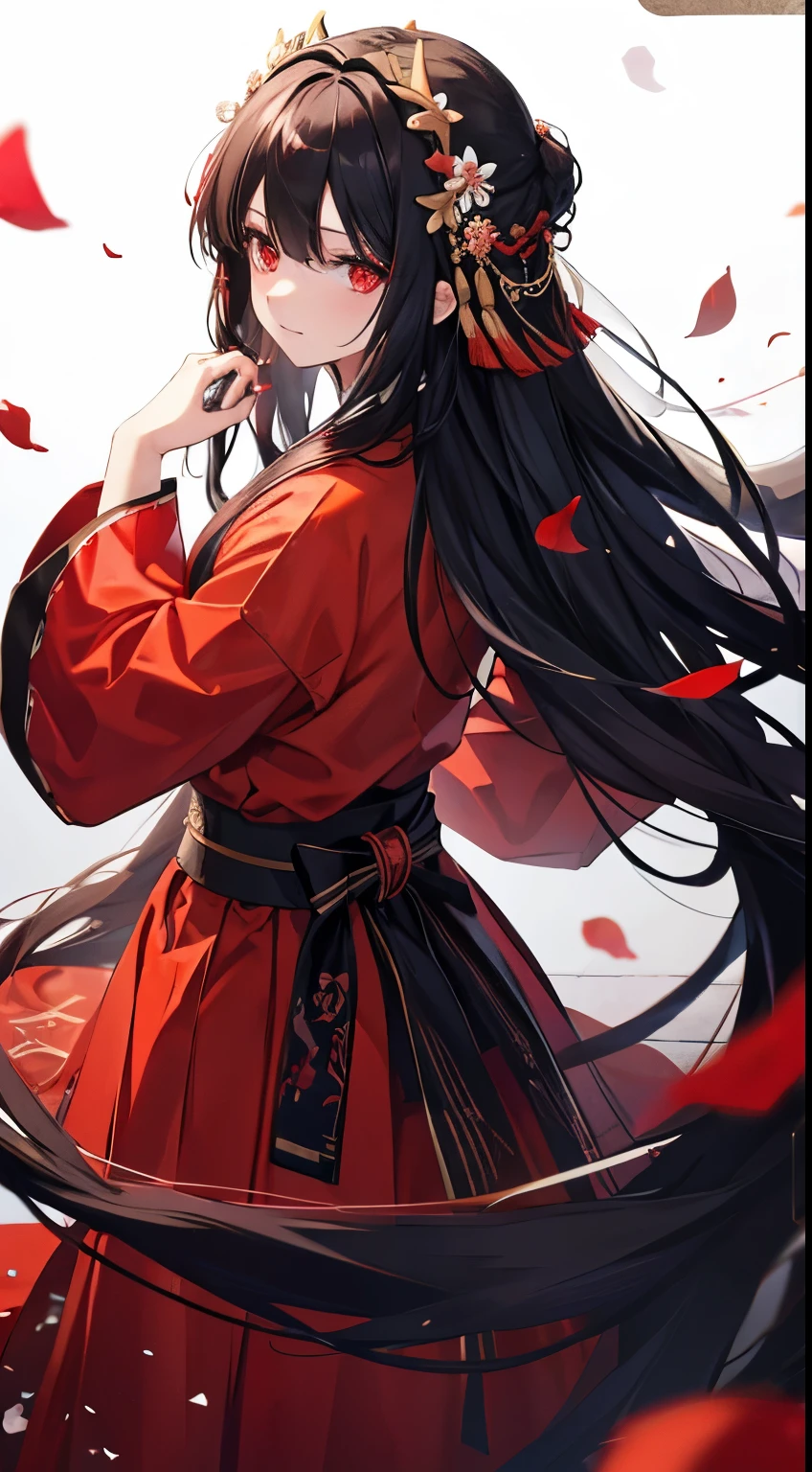 Black Hair， red eyes，Ancient hair accessories，Long hair，Red Hanfu long skirt，Brown petals，Queen&#39;Dress，Medium bust size，Ishtar（fate），  big breasts ，Palace Background