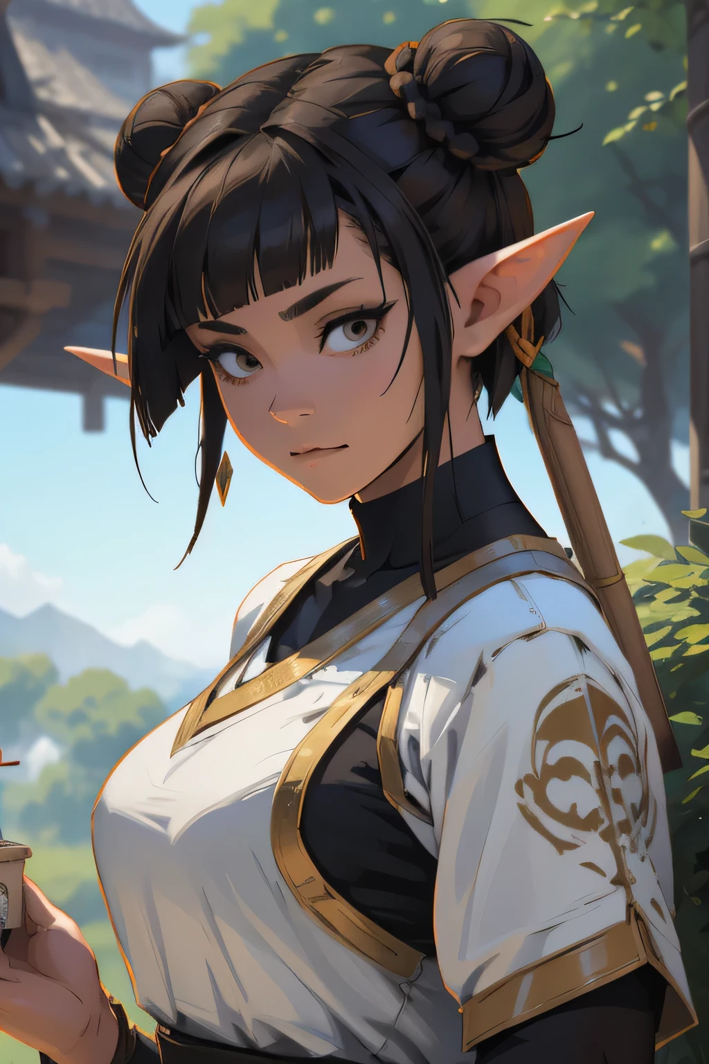 anime style elf girl bautful female painting a large elephant, artstation painting, artwork in the style of guweiz, painted in anime painter studio, guweiz on artstation pixiv, digital painting concept art, made with anime painter studio, fanart best artstation, low detailed. digital painting, detailed digital anime art, ross tran and studio ghibli LAUFEN, SHORT HAIR, DOUBLE BUN, BLUNT BANGS, Laofen, brown hair, double bun, brown eyes, hair_ornament