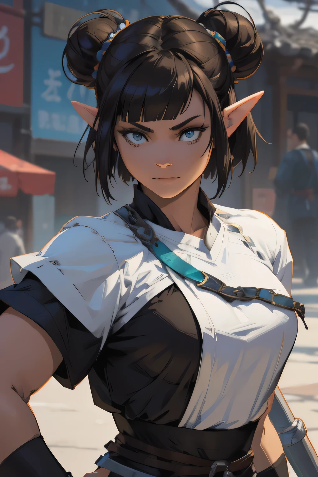 a close up of a cartoon of a woman on, by Yoshihiko Wada, style of masamune shirow, by Masamune Shirow, artgerm and james jean, inspired by Masamune Shirow, krenz cushart and artgerm, by Otomo Katsuhiro, artgerm and lois van baarle LAUFEN, SHORT HAIR, DOUBLE BUN, BLUNT BANGS, Laofen, brown hair, double bun, blue eyes, hair_ornament, elf girl, elf female, beautful body