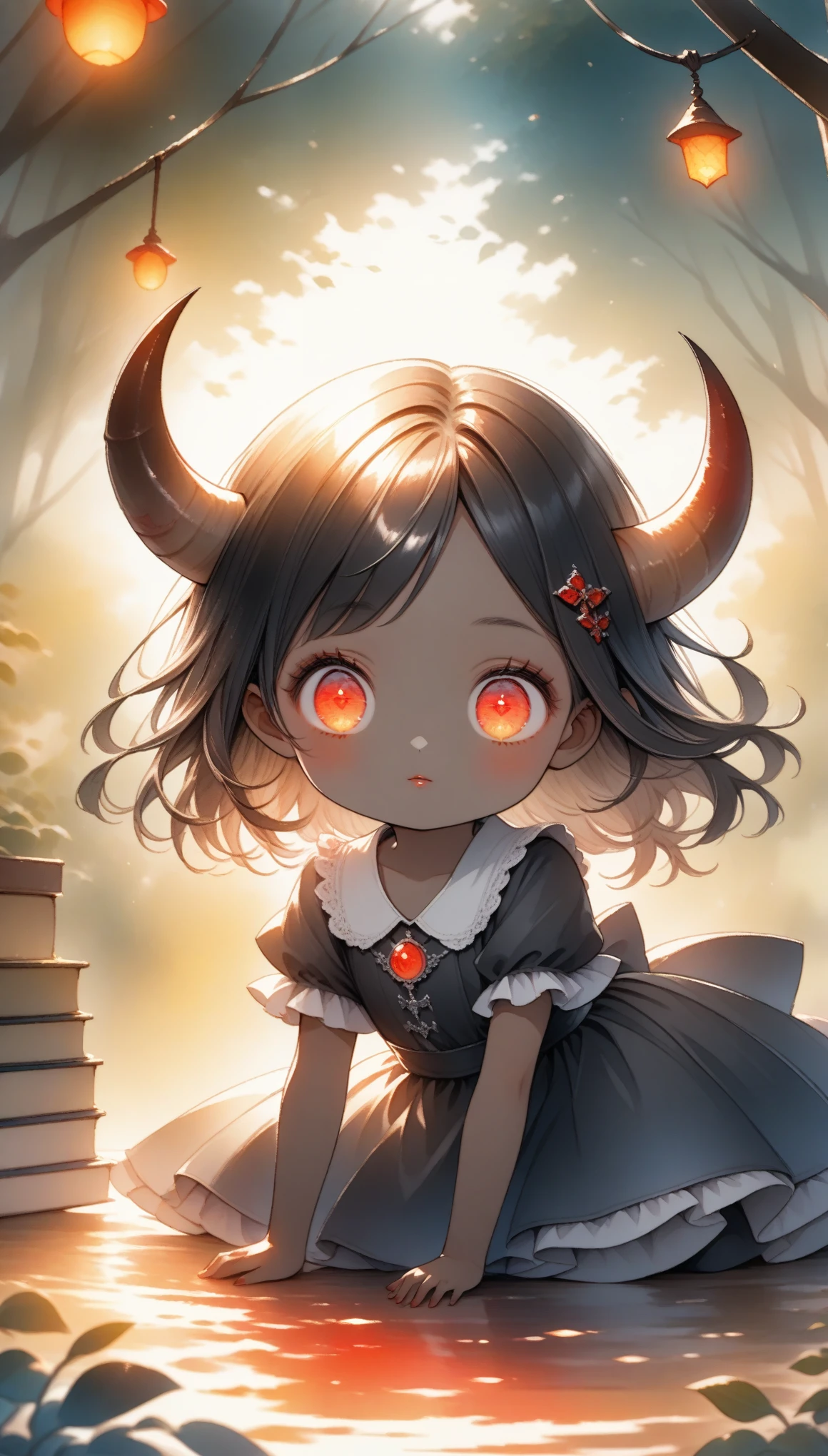 Hzk, Cute devil girl, horn, Dark Skin, Magic effect on all fours, Detailed face, beautiful eyes, Detailed lips, long eyelashes , Detailed faceの特徴, Elegant black dress, Glowing red eyes, Gothic, Watercolor:1.2, Soft illustrations like picture book illustrations, soft focus .