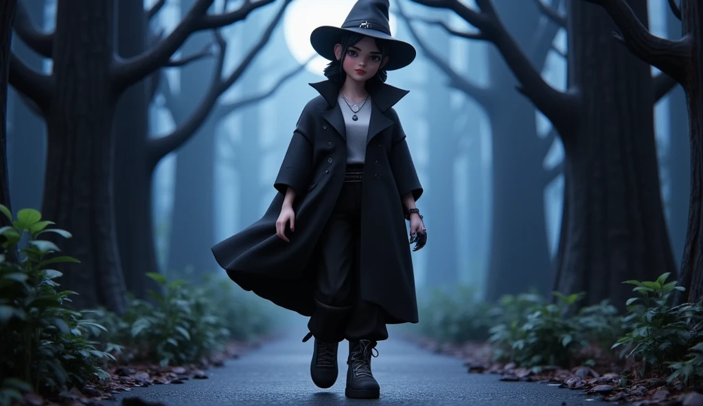 Naomi, a young ager woman in a witch costume with a black coat, stylish halloween costume beneath,  and tall pointed hat, is walking down a narrow path lined with trees. Her long coat flows as she walks, and she has a slight, mysterious smile on her face. The path is lit by moonlight filtering through branches. Camera angle: side profile, medium shot, 3d sims style