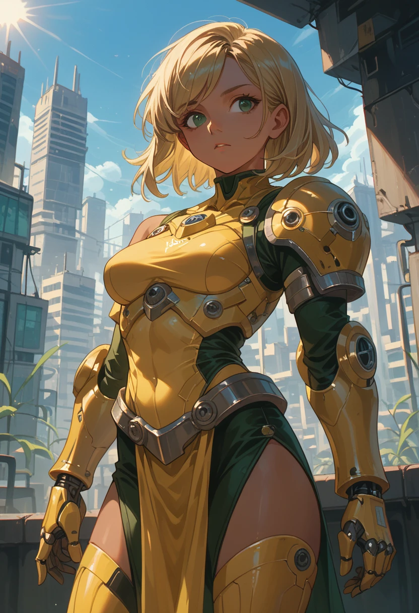 blonde hair, medium hair, green eyes, swept bangs, medium breasts, (((dark skin))), yellow bodysuit, yellow armor, spiky pauldron, arm braces, vambraces, ((white robotic boobplate)) white pelvic curtain, futuristic city, sunlight, mask