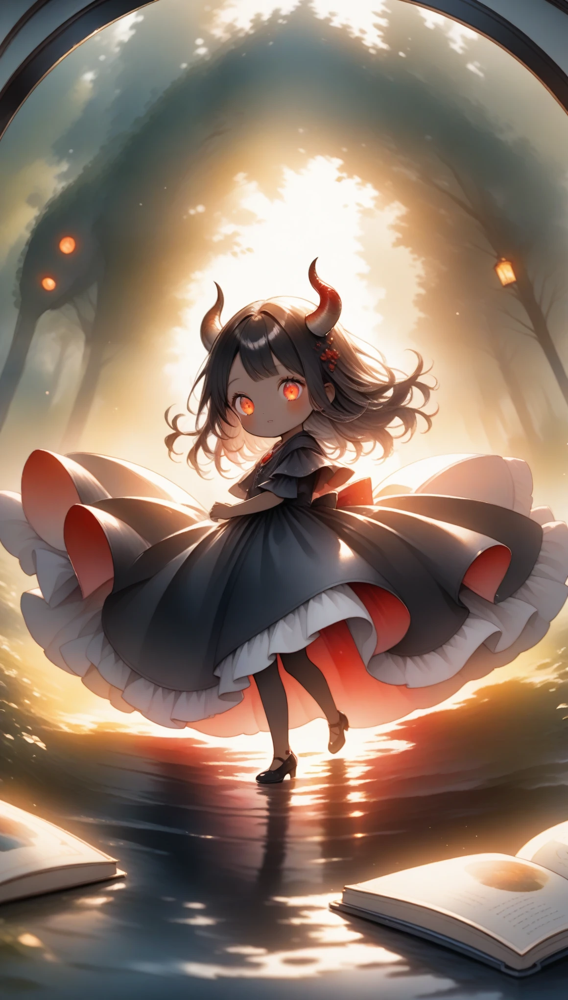 Hzk, Cute devil girl, horn, Dark Skin, Magic effect on all fours, Detailed face, beautiful eyes, Detailed lips, long eyelashes , Detailed faceの特徴, Elegant black dress, Glowing red eyes, Gothic, Watercolor:1.2, Soft illustrations like picture book illustrations, soft focus .