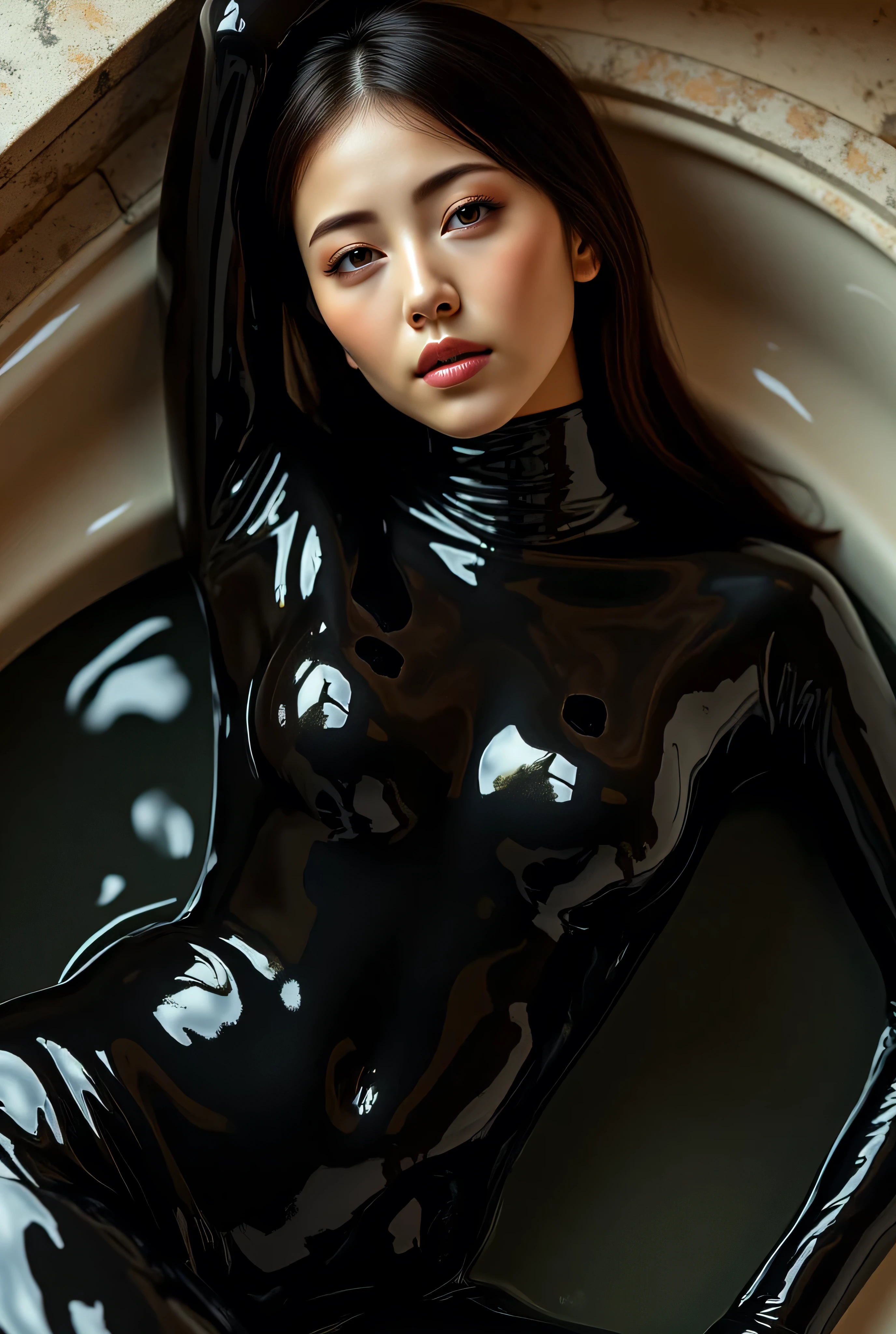 (Best Quality, 8k, 32k, Masterpiece, UHD: 1.2), Cute Japan Female Pictures, 1 Girl, (Medium: 1.1), (Tall Women), (Slim Figure: 1.1), (Glossy, Wet, Rubber Suit), Dark Brown Short Hair), Double Eyelids, Wet Skin, Wet Hair, Lying in Bed