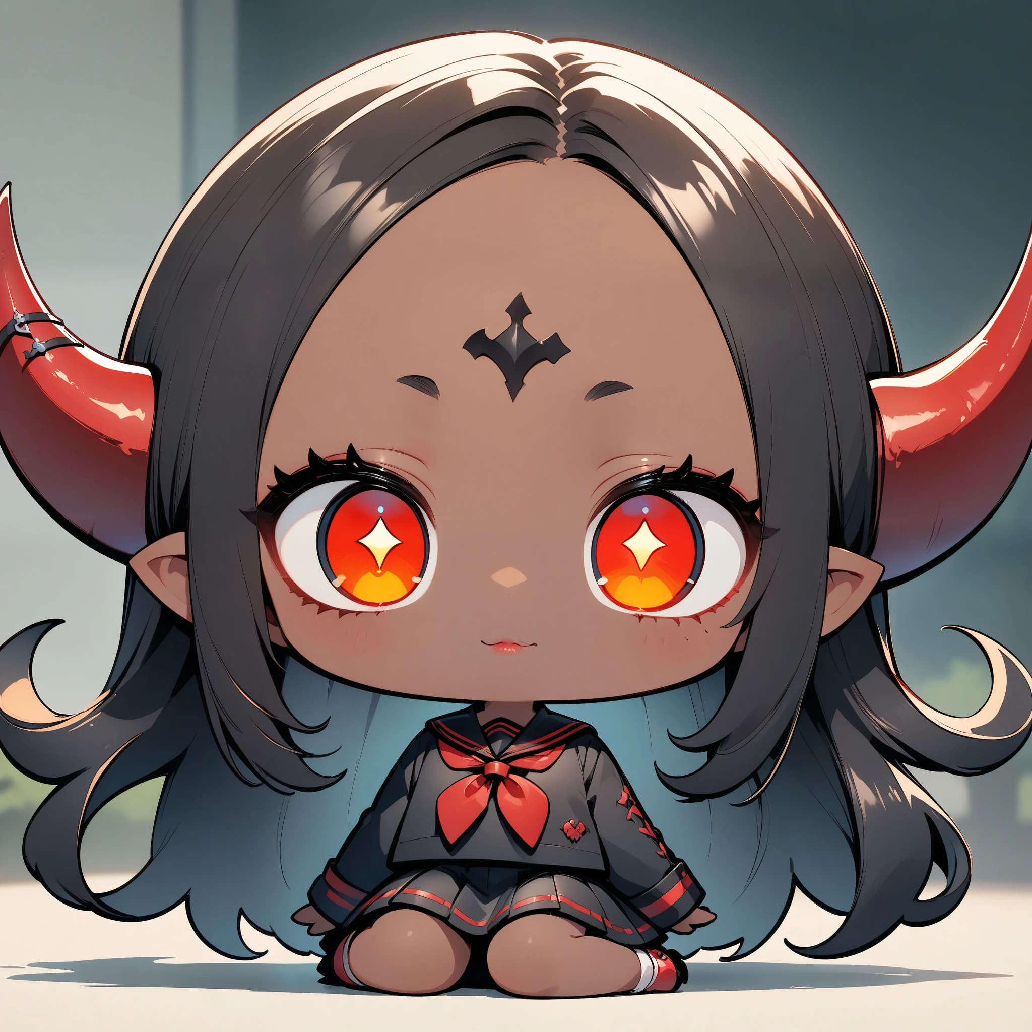 Hzk, Cute devil girl, 1 Female, horn, Dark Skin, Detailed face,  beautiful eyes, Detailed lips,  long eyelashes , Glowing red eyes, Gothic, Detailed faceの特徴, Black Sailor Suit,  miniskirt in length, sit:1.2,  little character,  deformed, kawaii,  soft focus .