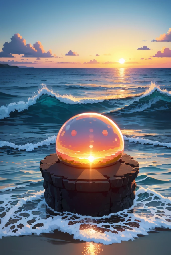 landscape, summer, Sunset, Okinawa , sea, unmanned, sea滩, No one, Hot weather, Sunset, high-definition detail,  superdetail, Movie,  surrealism , Soft Light, Deep Focus Bokeh, Ray Tracing, Art Station pixiv Gwise, 新sea诚, Art bud, Pixel Style，Horizontal board ratio 1：3