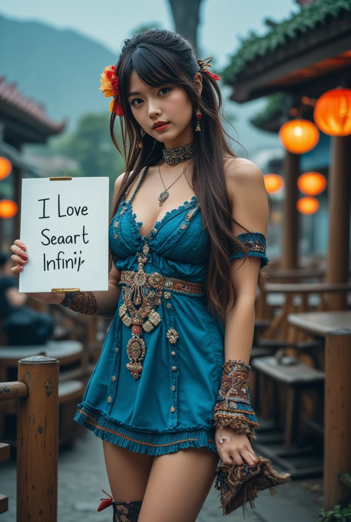 Beautiful girl with waa woman of chun li in a blue outfit is holding a leg, chun li, chun-li, chun - li, portrait of chun - li, portrait of chun li, street fighter, as a character in tekken, full bodyvy long hair, bohemian dress, holding a white board with text "I Love Seaart Infinity" and showing it to the viewer