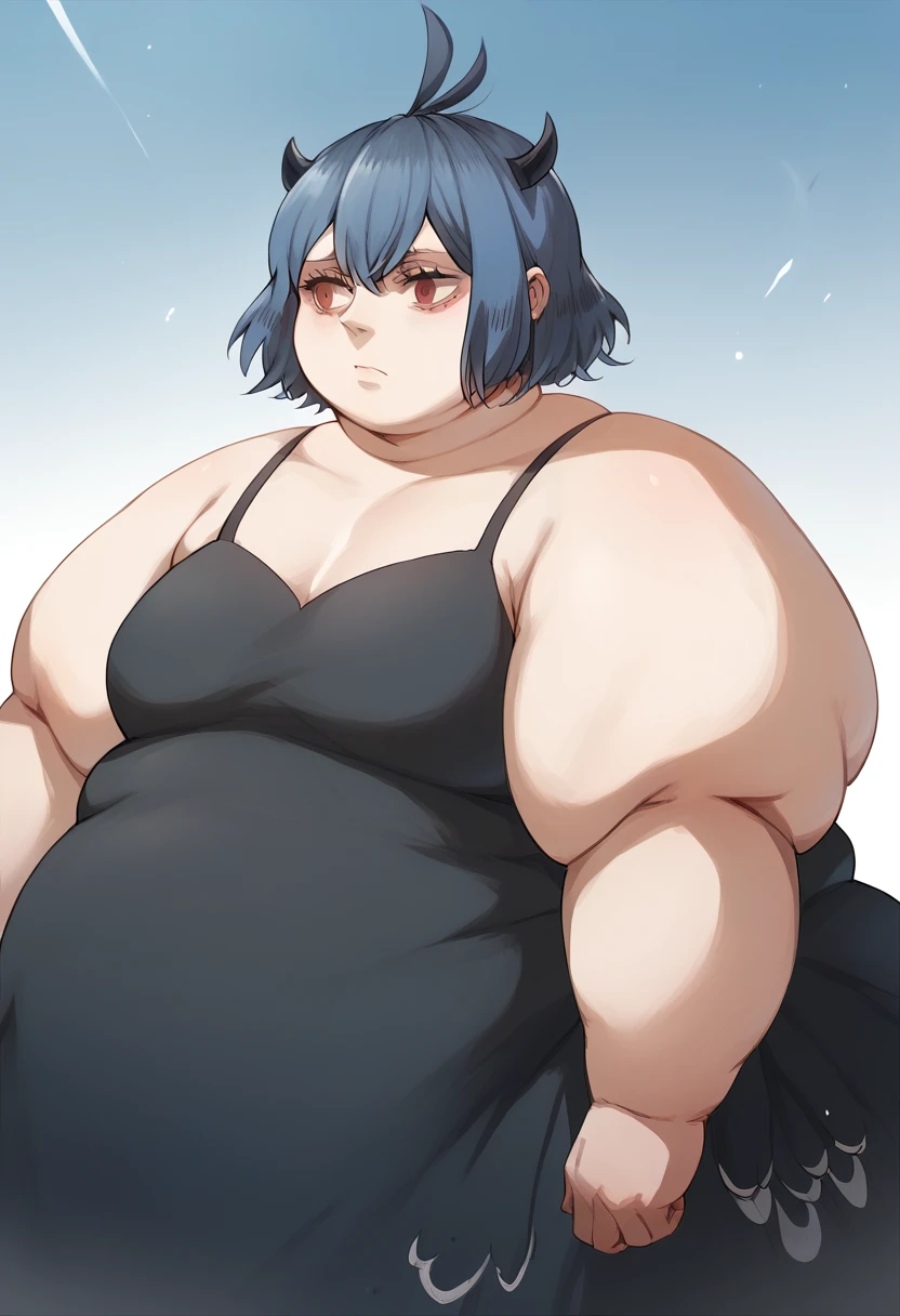 nero_bc, short hair, red eyes, horns, blue hair, antenna hair, collarbone, dress, black dress, bare shoulders, fat, chubby, obese