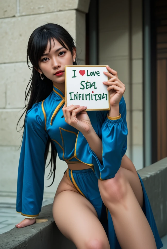 Beautiful girl with waa woman of chun li in a blue outfit is holding a leg, chun li, chun-li, chun - li, portrait of chun - li, portrait of chun li, street fighter, as a character in tekken, full bodyvy long hair, bohemian dress, holding a white board with text "I Love Seaart Infinity" and showing it to the viewer