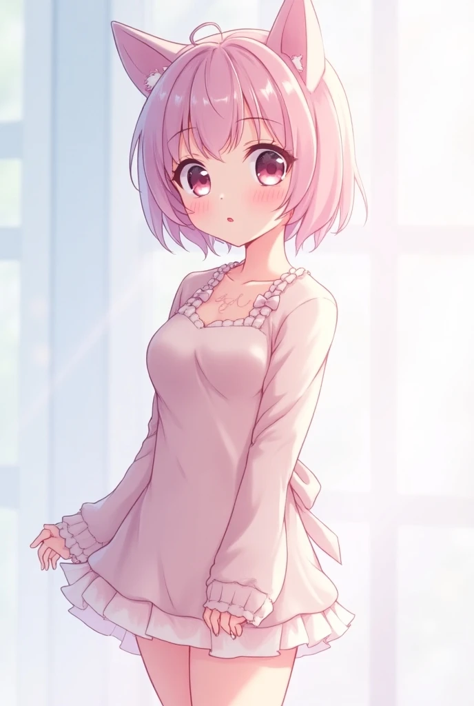 make an anime style boy, with pink hair, light and white skin, pink eyes, delicate features, pink cheeks and lips, thighs, round hips and butt, shoulders, arms, small torso and waist and thin, cute clothing