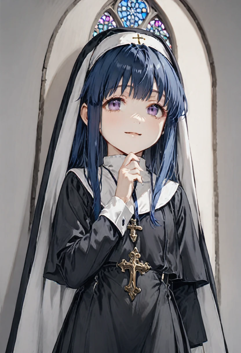 ((nun)),  long sleeve , Furude Rika,  blue hair,  purple eyes, Old Church、 Stained Glass、sacred、grace、Window with light shining through 、deep reverent expression 、Quiet Smile、 muted colors,  girl, Alone