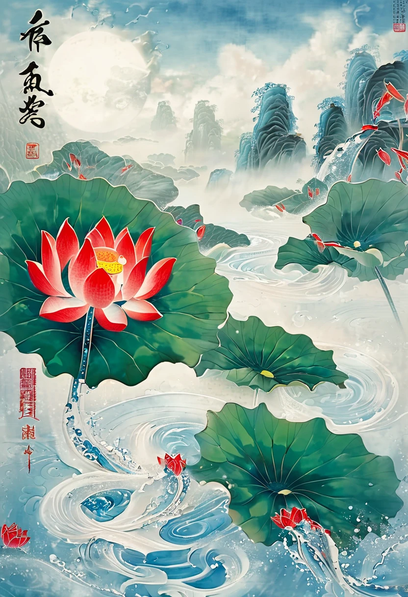 中文墨water, Sky, Lotus Leaf, water, Lotus,  Chinese text ，Integrity，train、 red story