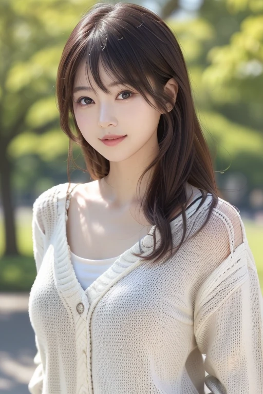 Photo-realistic quality、 taking a portrait in the park、Elegant Japanese woman, Japanese model wearing a summer sweater , Cute Japanese Actress,  looking at the camera、Detailed and beautiful eyes、Cute smile、A soft and gentle look