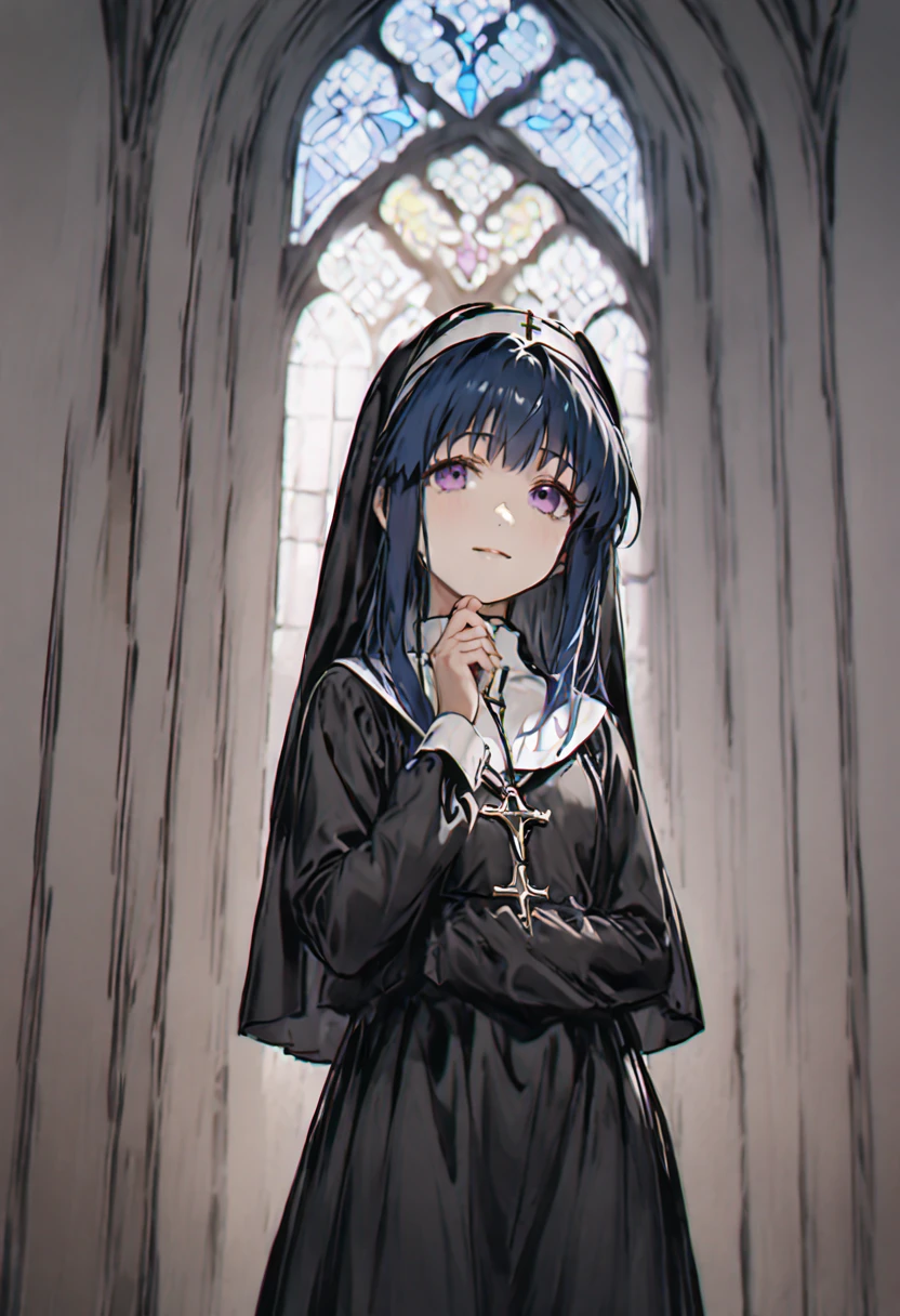 ((nun)),  long sleeve , Furude Rika,  blue hair,  purple eyes, Old Church、 Stained Glass、sacred、grace、Window with light shining through 、deep reverent expression 、Quiet Smile、 muted colors,  girl, Alone