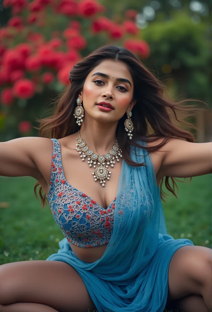 from bottom view, extreme close up photo of Pooja hegde, swooping breasts, deep cleavage, open arms, sexy armpits, standing with wide open spread legs on garden, blue reddish lace saree, necklace, (cinematic:1.3), intricate details, (ArtStation:1.2)