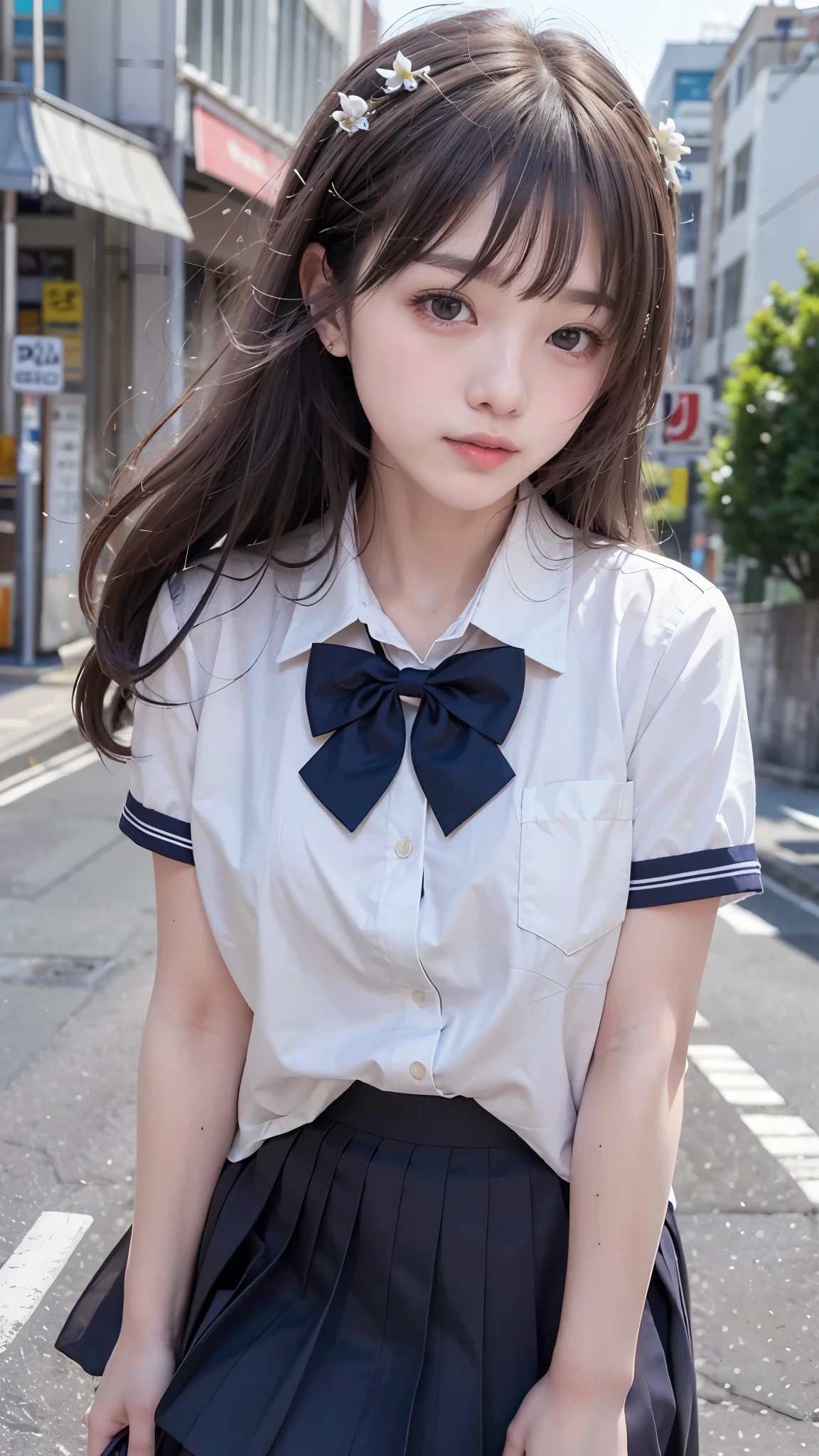 (8k,  RAW Photos, Best Quality, Learning:1.3),(Realistic,photo-Realistic:1.37),( Knight ),( super detailed depiction of viewers watching :1.331),(Gray Hair),Pose,tokyo street, Knight cityscape, Cyberpunk City  , soft writing, 1 girl, very beautiful face, Bust,Put your hands down,Casual hair style ,Smiled, Big Eye,,Alvin ,(Short-sleeved ＪＫ_shirt),ＪＫ_ style ,(Navy ＪＫ_skirt),(Bow ＪＫ_tie),Mix 4