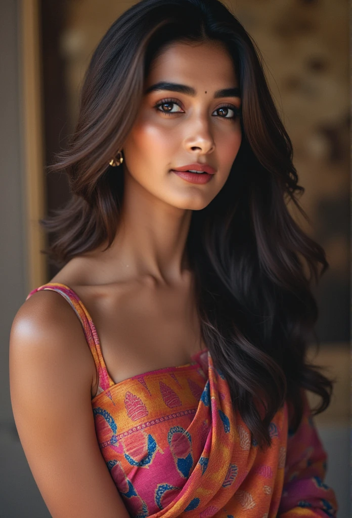 realistic detailed portrait of a beautiful woman wearing a saree without a blouse, detailed intricate saree patterns, flawless skin, large expressive eyes, full sensual lips, long dark hair, elegant pose, dramatic lighting, vivid colors, photorealistic, 8k, (best quality,4k,8k,highres,masterpiece:1.2),ultra-detailed,(realistic,photorealistic,photo-realistic:1.37)